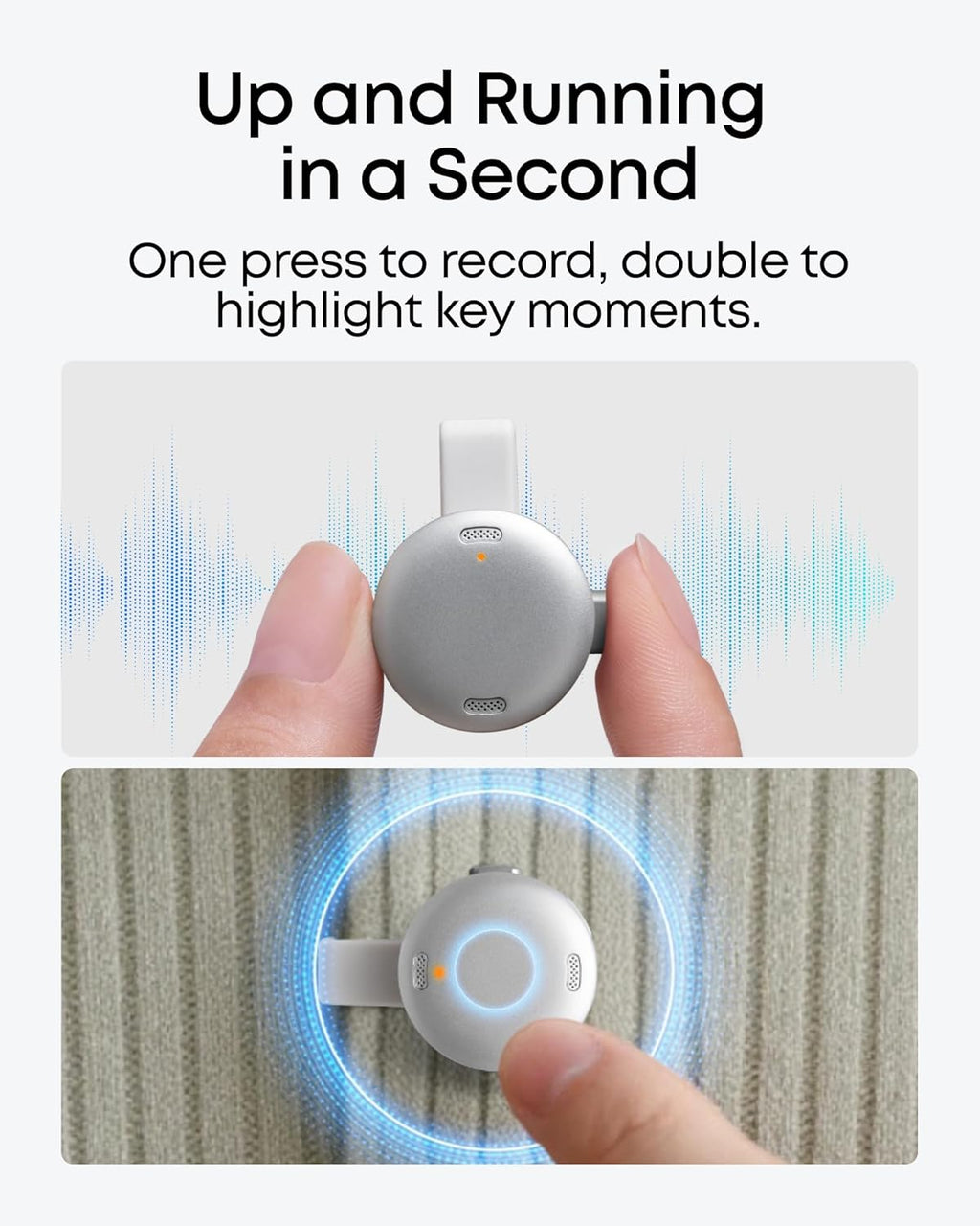 Work AI Voice Recorder by Anker,Wearable Note Taker for Meetings, Transcribe and Summarize (300 Mins/Mo Included, Optional App Upgrades), MFi Certified, 64 GB, 150+ Languages, USB-C Charging