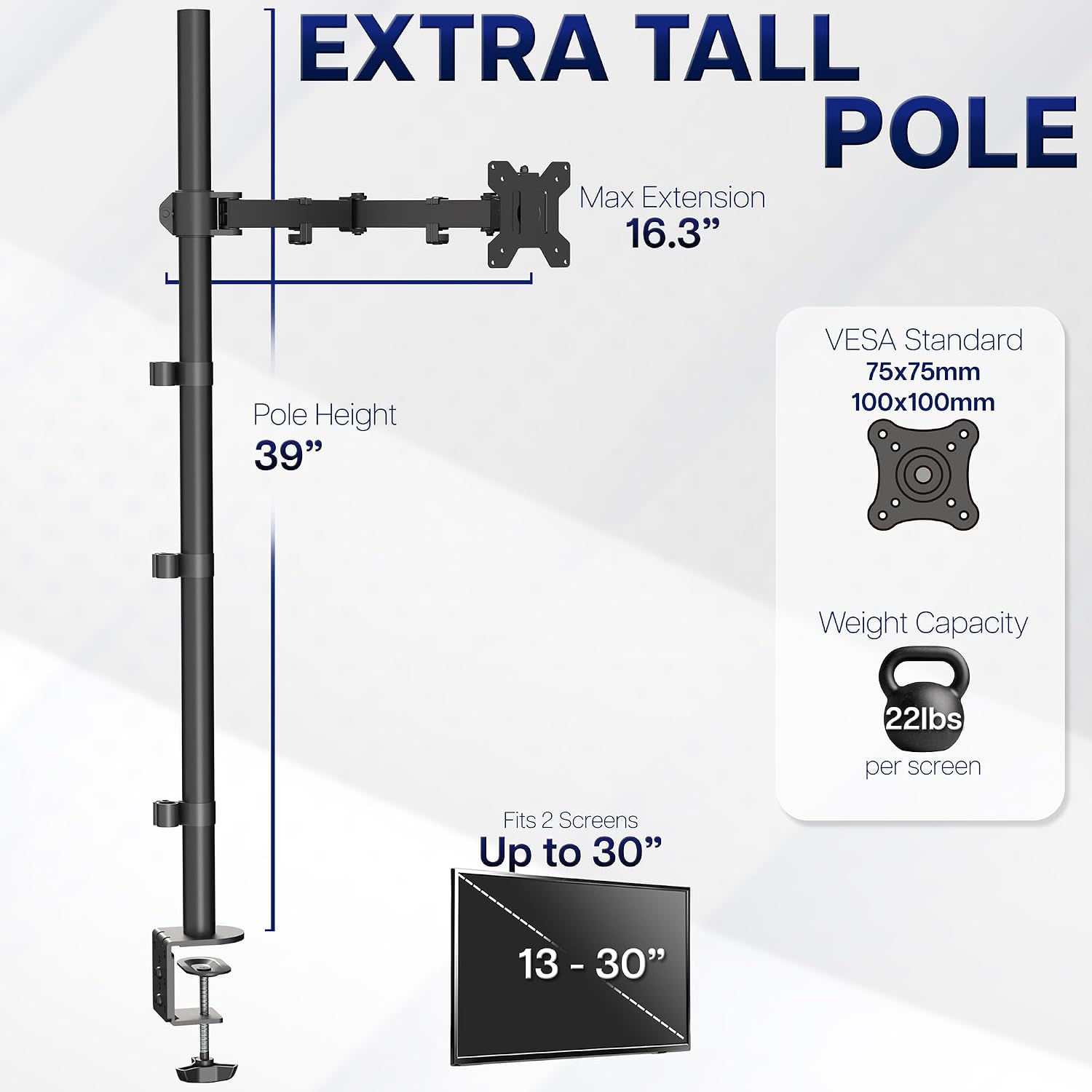 Extra Tall Single Monitor Desk Mount Stand with 39 inch Pole. Features Full Adjustability - Tilt and Articulation, Holds 13 to 32 inch Screens up to 22 lbs with VESA Mounting, Black, STAND-V011