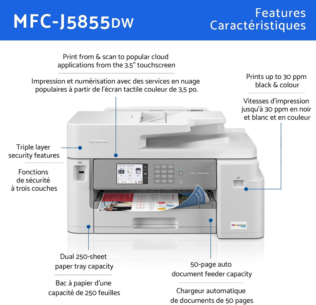 MFC-J5855DW INKvestment All-in-One Wireless Colour Inkjet A3 Printer with Scanner,Copier and Fax Printing, 30 ppm Speed, 3.5" Touchscreen, Mobile Connectivity