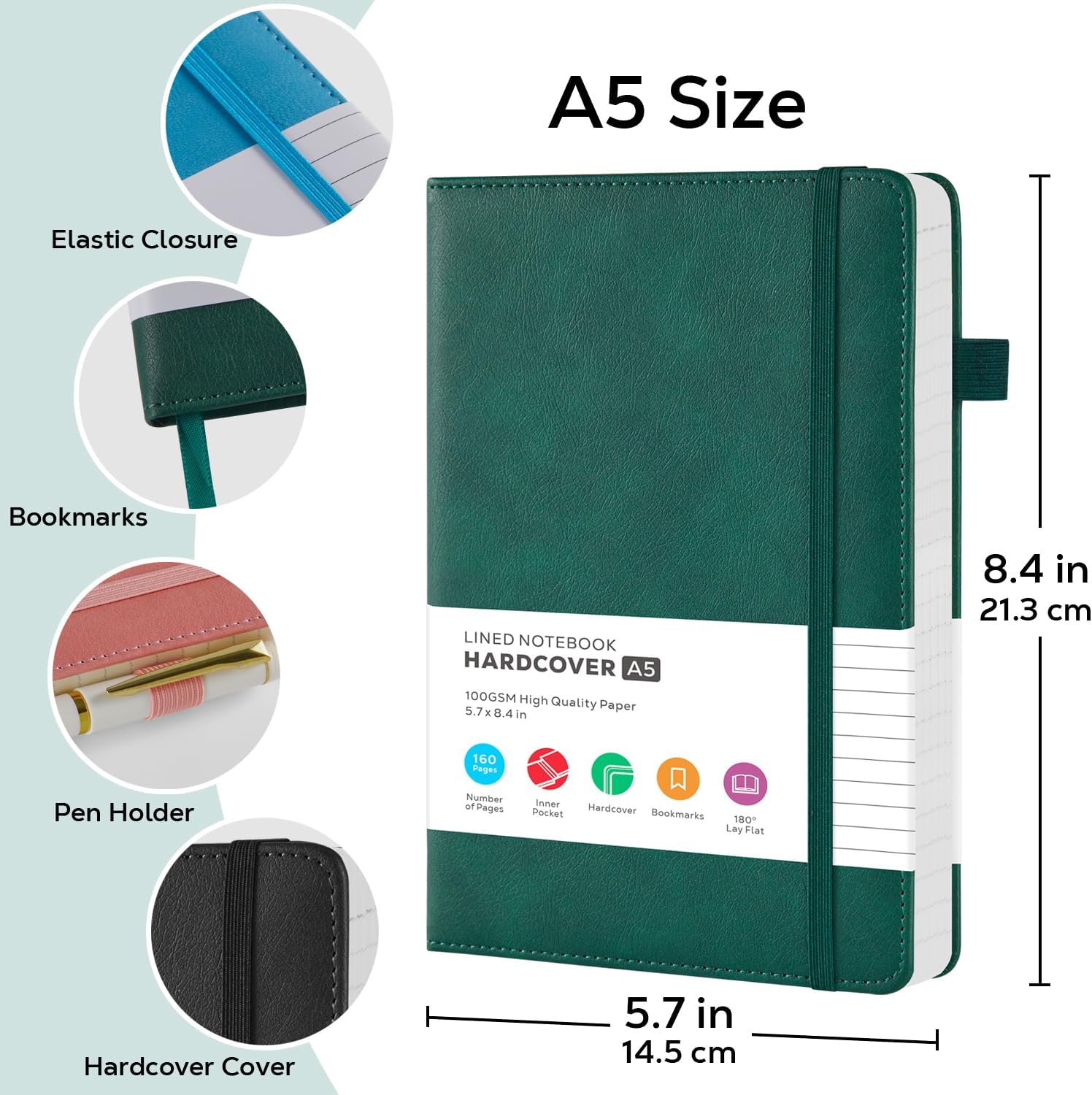 2 Pack Lined Journal Notebook, A5 (5.7"x8.4") Journaling Notebooks for Women Men Writing Work, Black Leather Hardcover, 160 Pages, 100GSM Paper, Daily Journal College Ruled, School Office Supplies