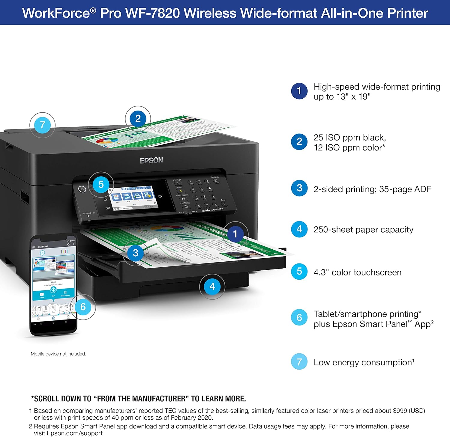 Workforce Pro WF-7820 Wireless All-in-One Wide-Format Printer, Auto 2-Sided Print 13" x 19" Copy, Scan & Fax, 50-Page ADF, 250-sheet Paper Capacity, Works with Alexa - Black