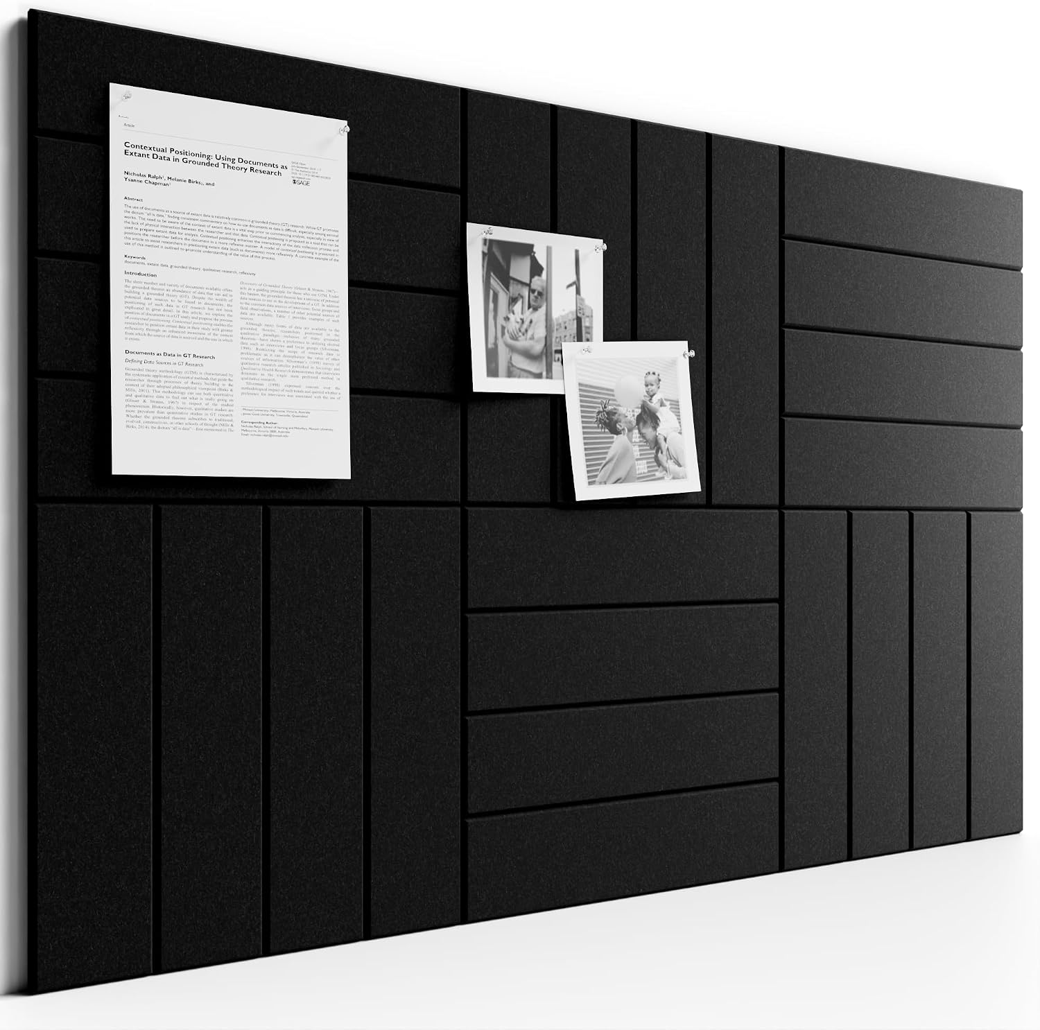 Large Felt Bulletin Board, 36" x 24" Cork Board Alternative, 6-Pack Bold Stripe Felt Wall Tiles with 30 Push Pins and 40 Adhesive Tabs, Ideal for Office, Home & Classroom, Black