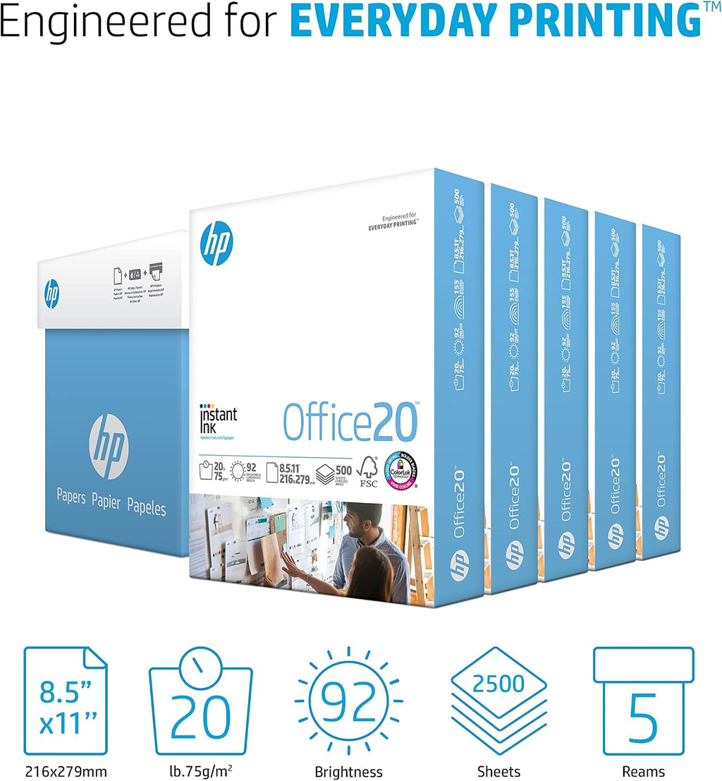 HP Printer Paper 8.5x11 Office 20 lb 5 Ream Case 2500 Sheets 92 Bright Made in USA FSC Certified Copy Paper HP Compatible 112150C