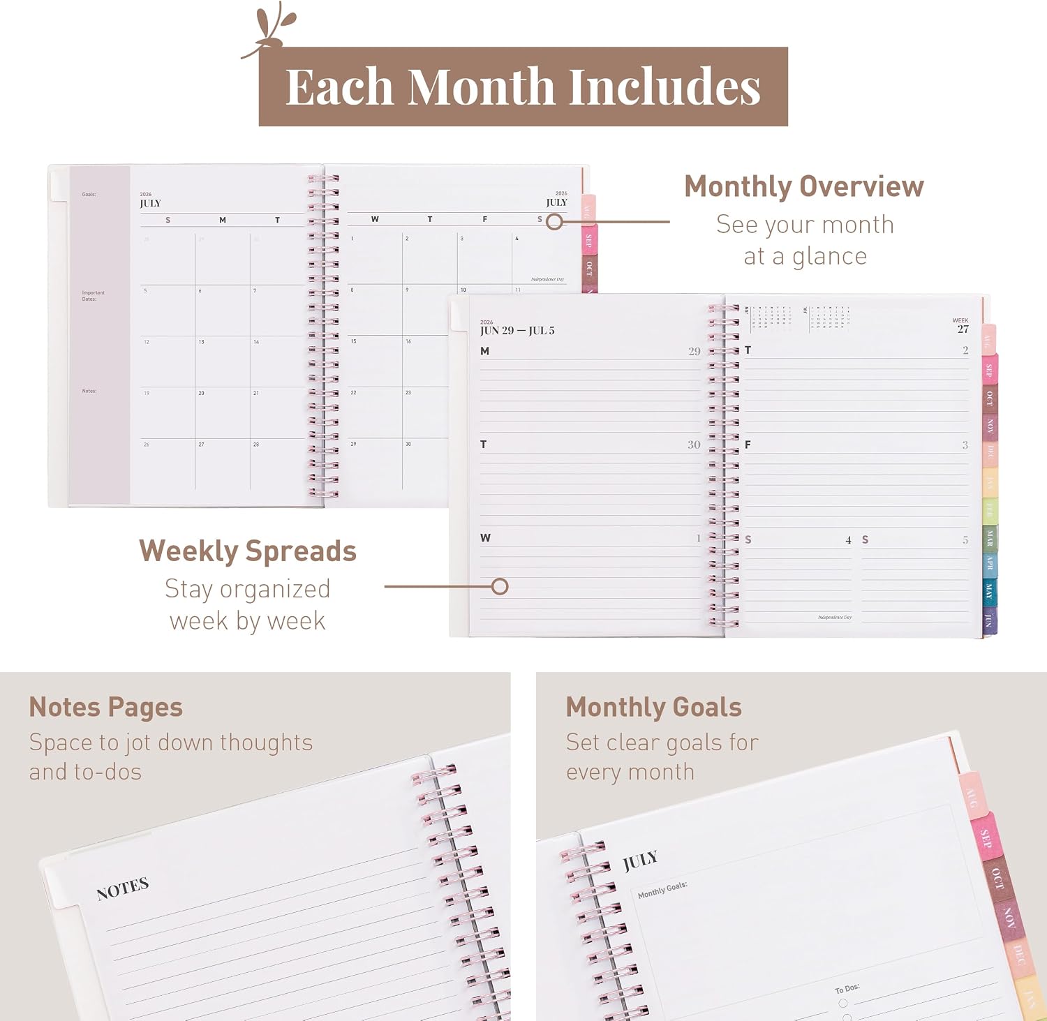 Rileys Academic Planner 2026-2027, Daily, Weekly & Monthly Planner, July 2026 - June 2027, Student Notes Pages, Twin-Wire Binding Weekly Agenda for School & Work (20 x 15 cm, Pink)