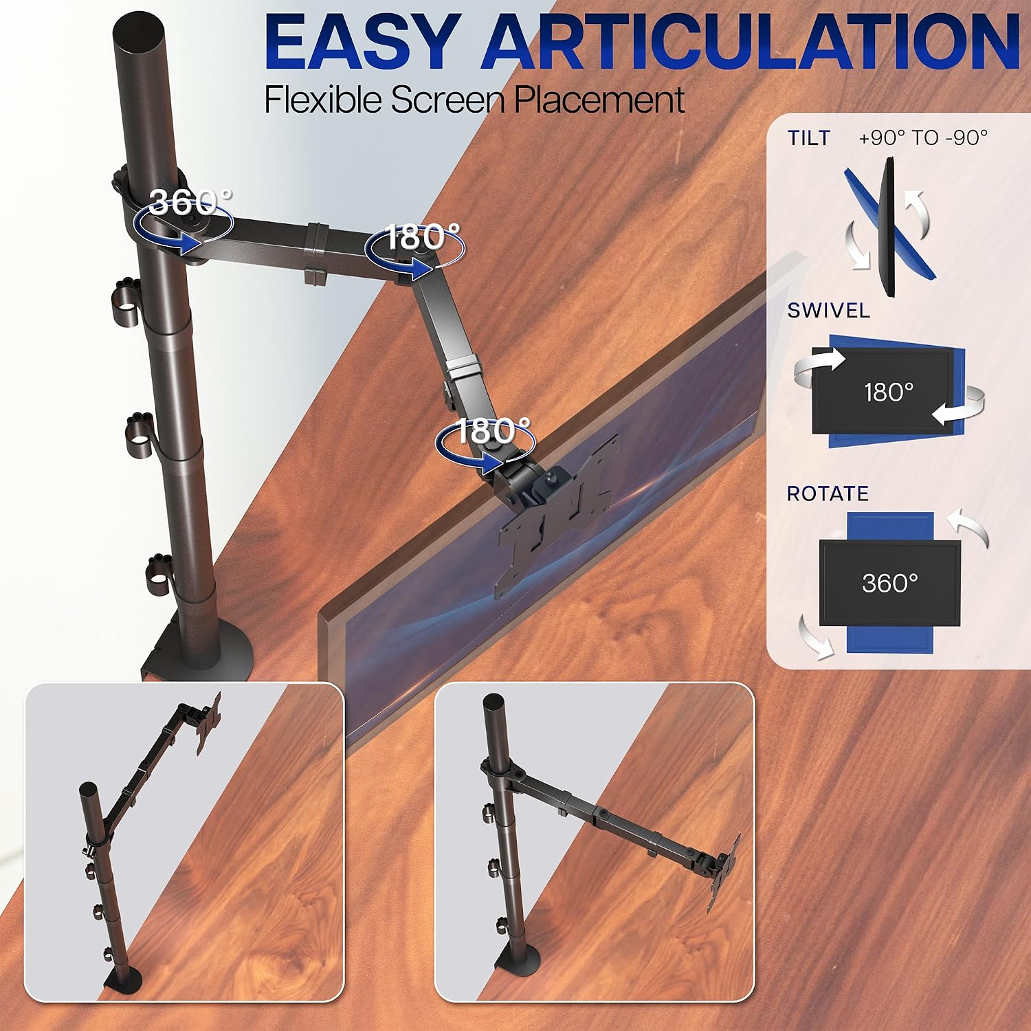 Extra Tall Single Monitor Desk Mount Stand with 39 inch Pole. Features Full Adjustability - Tilt and Articulation, Holds 13 to 32 inch Screens up to 22 lbs with VESA Mounting, Black, STAND-V011