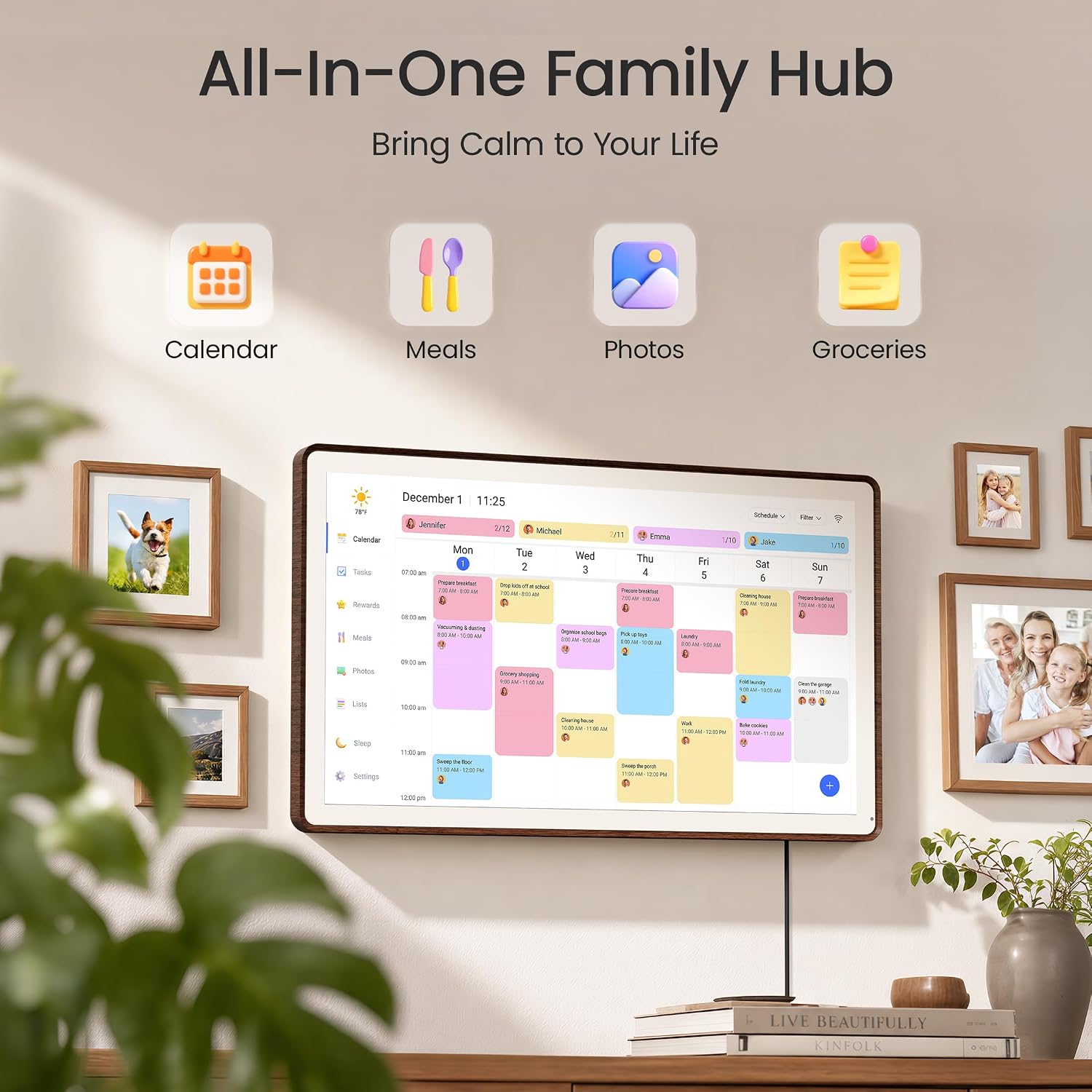 21.5" Digital Calendar for 2026, 1080P Full HD Interactive Touchscreen Family Planner, Electronic Wall Calendar for Family Schedules, Chore Chart & Meal Planning, Wall Mount or Desk Stand (21.5 Inch Rounded Chestnut)