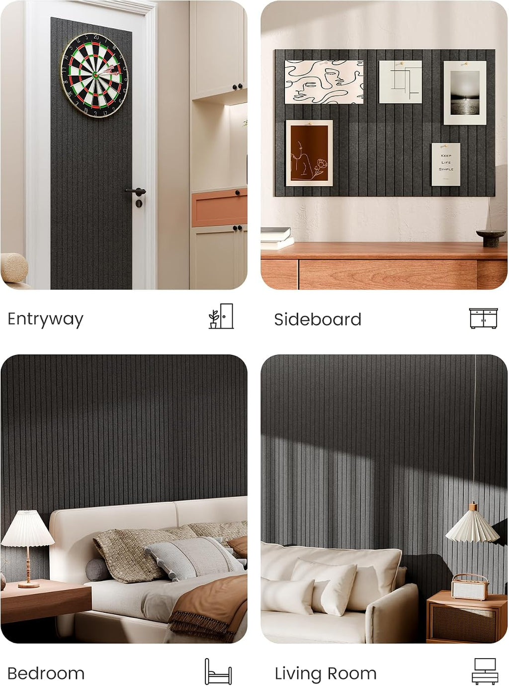 Large Cork Board Alternative - Slat Wall Paneling, Felt Bulletin Board Tiles for Office Decor, Push pin Board Office Wall Organizer -8 Vertical Stripes-6-Pack-Charcoal Gray
