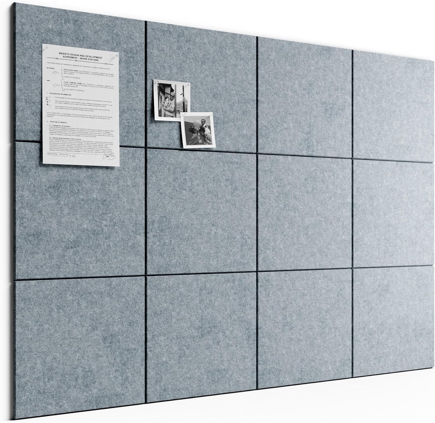 Large Felt Bulletin Board, 48" x 36" Cork Board Alternative, 12-Pack Solid Felt Wall Tiles with 30 Push Pins and 70 Adhesive Tabs, Ideal for Office, Home & Classroom, Blue Gray