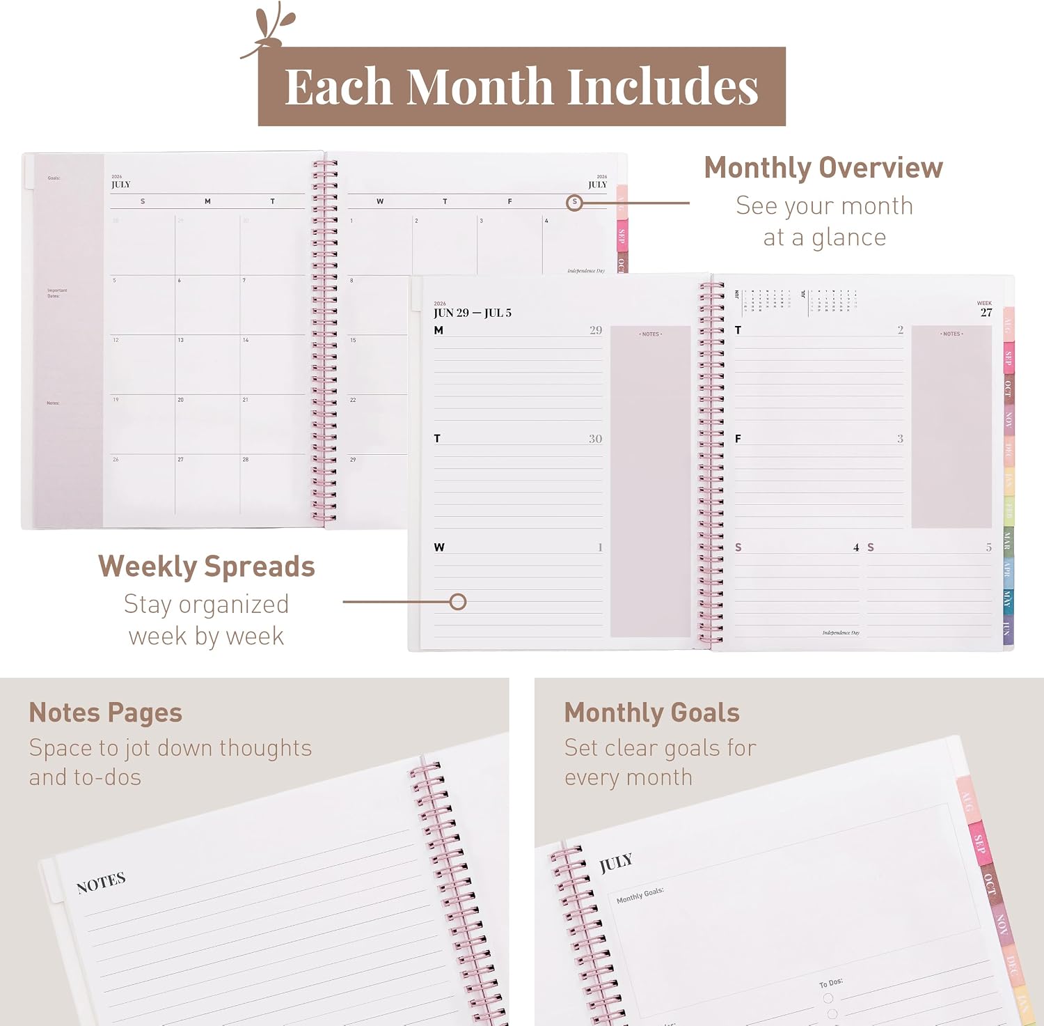 Rileys Academic Planner 2026-2027, Daily, Weekly & Monthly Planner, July 2026 - June 2027, Student Notes Pages, Twin-Wire Binding Weekly Agenda for School & Work (21.6 x 28 cm, Pink)