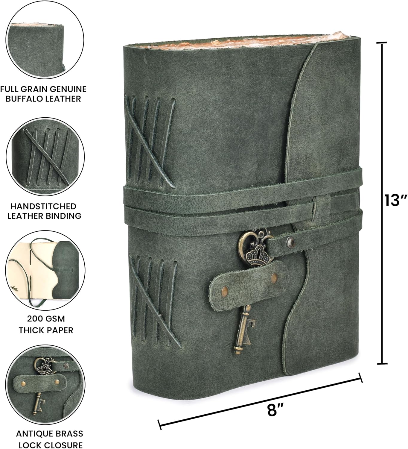 Vintage Leather Journal – 200 Handmade Vintage Watercolor Deckle Edge Paper – Leather bound Journal For Women Men – Key Lock Closure - Book of Shadows - Aqua - 13X8 inches
