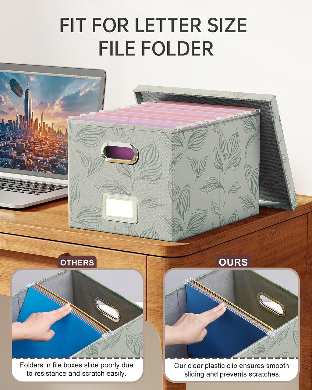 2 Pack File Storage Organizer, Document Organizer, Portable File Box with Lid, Fit for Letter/Legal File Folder Storage,Leaf Gray-Box only