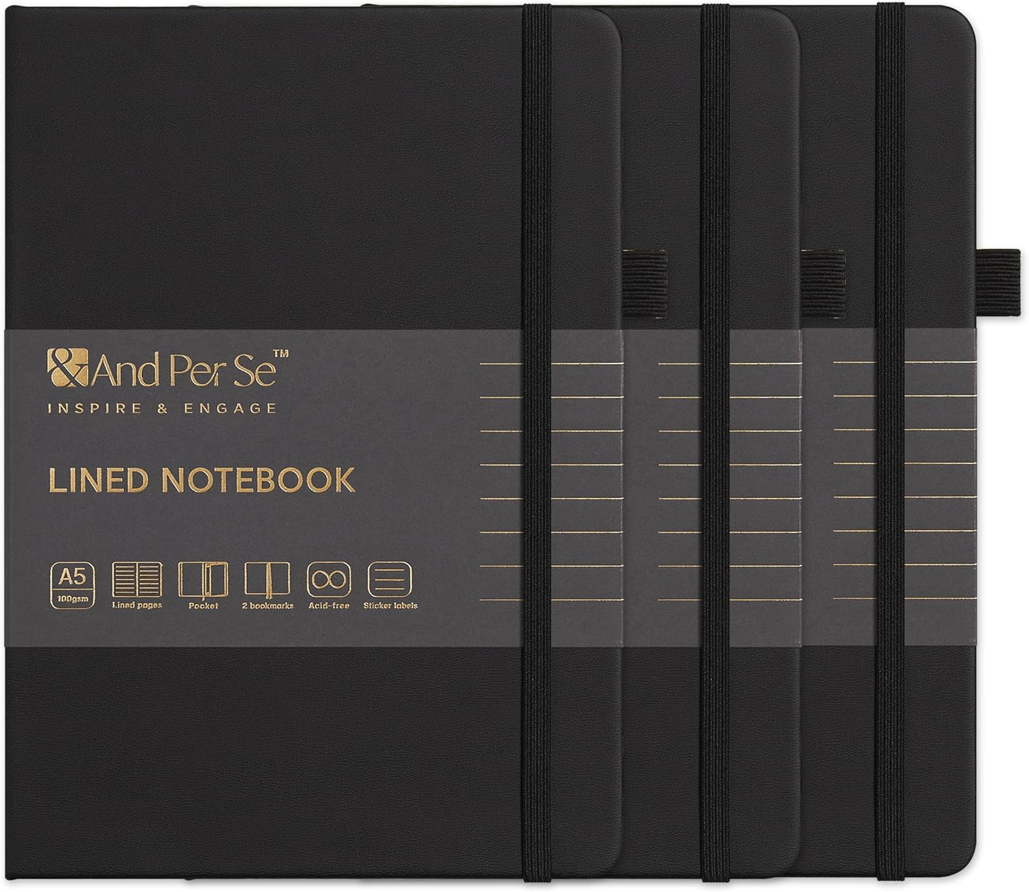 &And Per Se Lined Notebooks 3-Pack Gift Set, A5 Hardcover Journals, 160 Pages 100gsm Thick Paper, Journaling Notebook for Office School (Black)