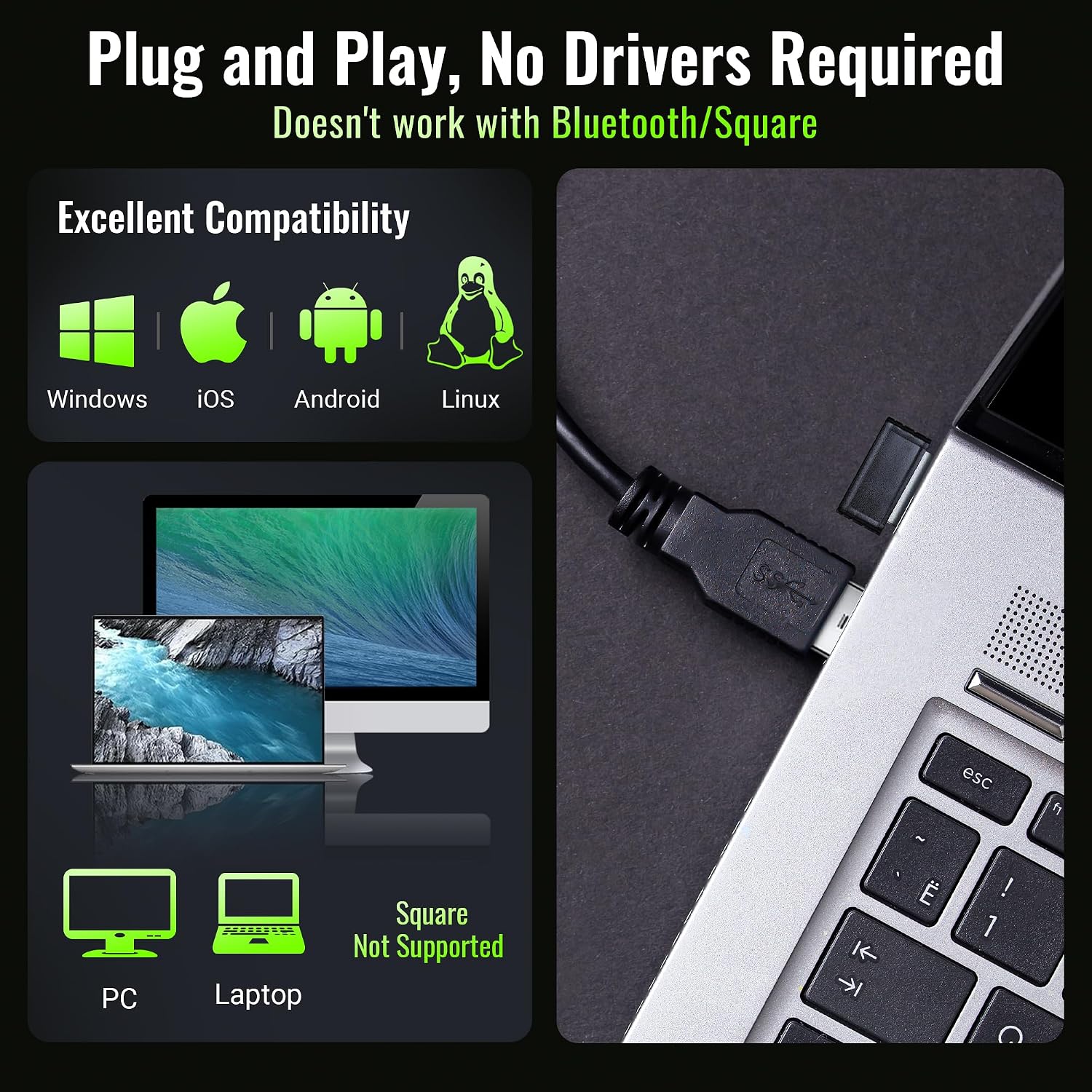 Barcode Scanner Wireless Versatile 2-in-1 (2.4Ghz Wireless+USB 2.0 Wired) with Battery Level Indicator 328 Feet Transmission Distance Rechargeable 1D Laser Bar Code Reader USB Handheld (Green)