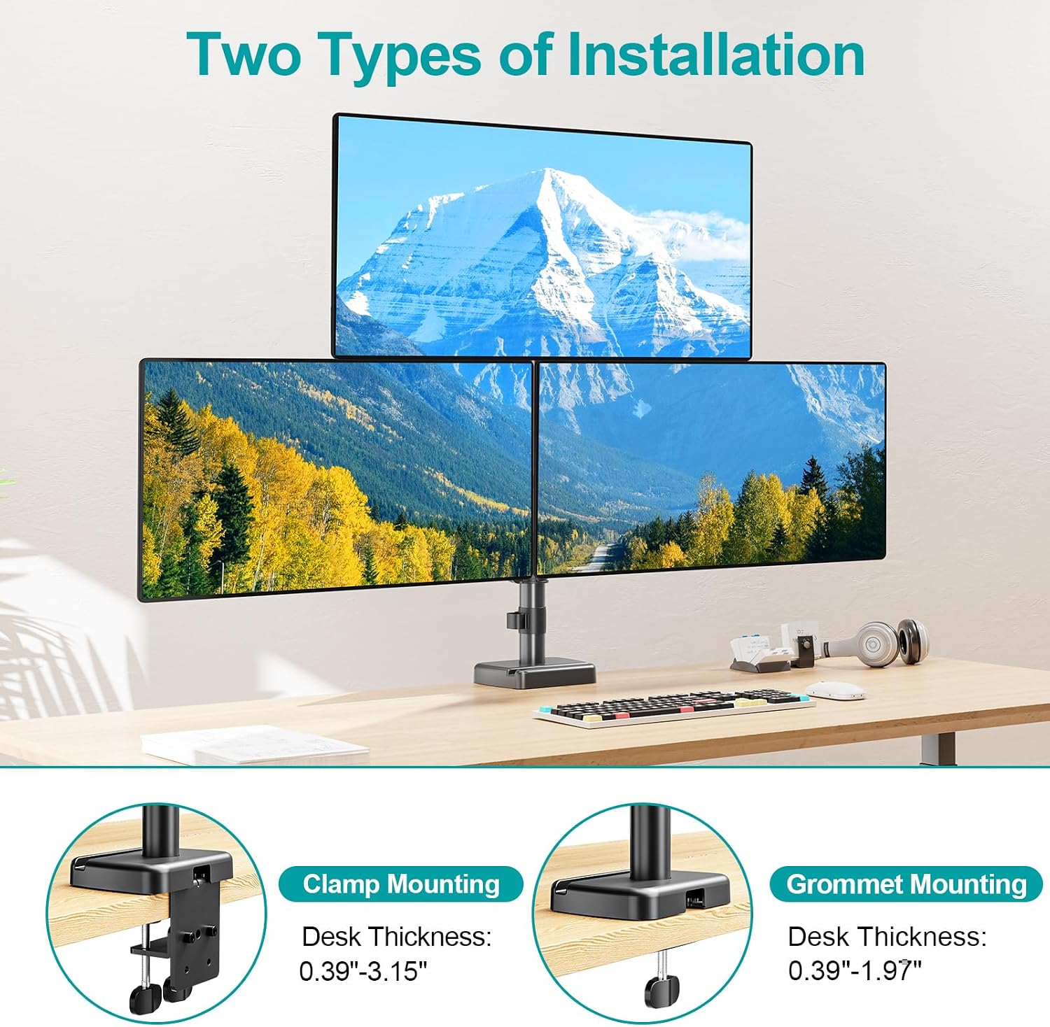 Triple Monitor Mount for Max 32" Computer Screen, Adjustable 3 Monitor Desk Mount, up to 19.8lbs Each, Spring Monitor Arm with Tilt Swivel Rotation, VESA Mount 75x75/100x100mm