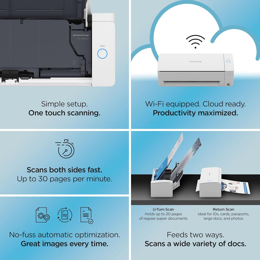 iX1300 Compact Wireless or USB Double-Sided Colour Document, Photo & Receipt Scanner with Auto Document Feeder and Manual Feeder for Mac or PC, White