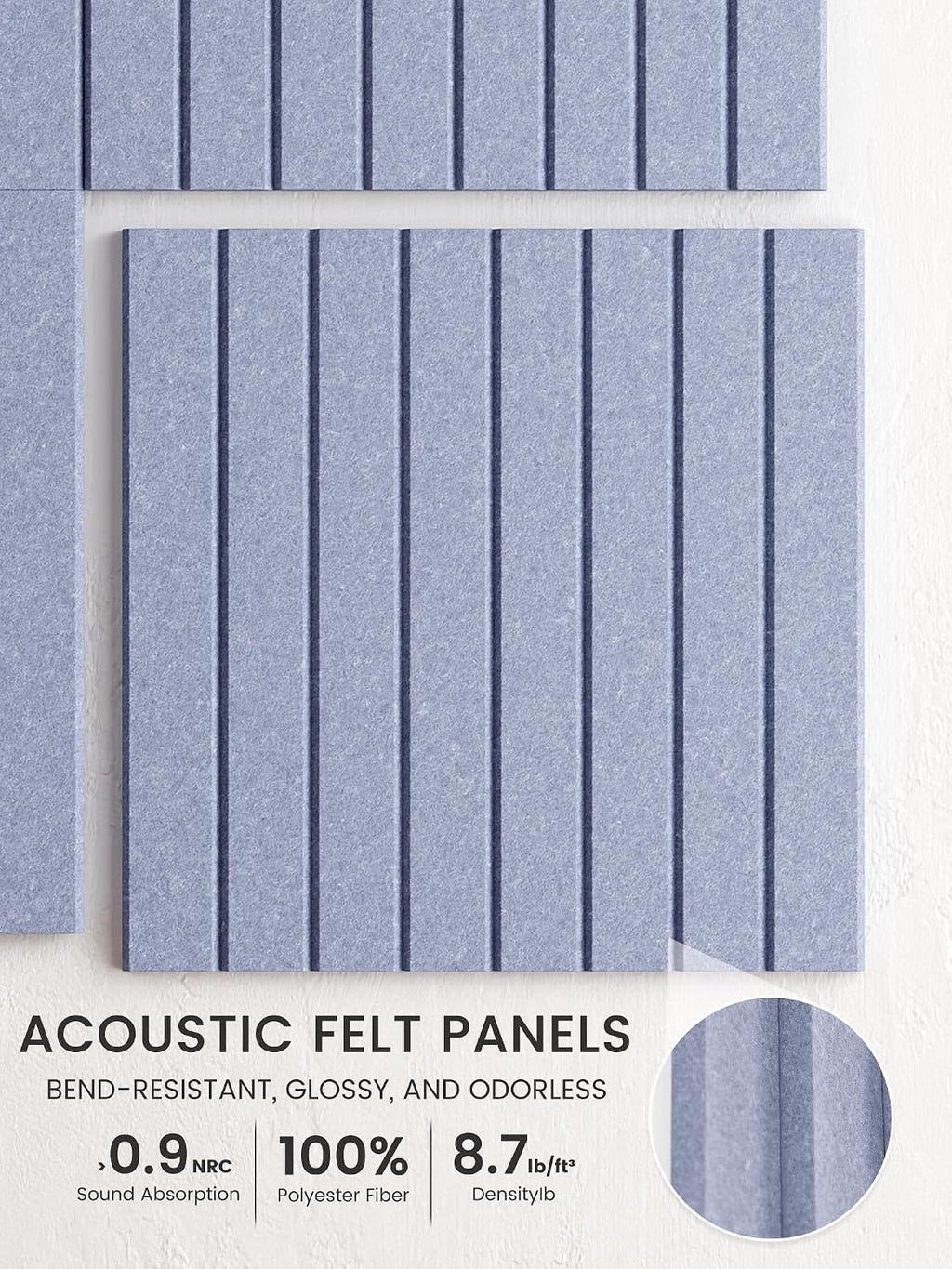 Large Felt Bulletin Board, 48" x 36" Cork Board Alternative, 12-Pack Fine Stripe Felt Wall Tiles with 30 Push Pins and 70 Adhesive Tabs, Ideal for Office, Home & Classroom, Soft Periwinkle
