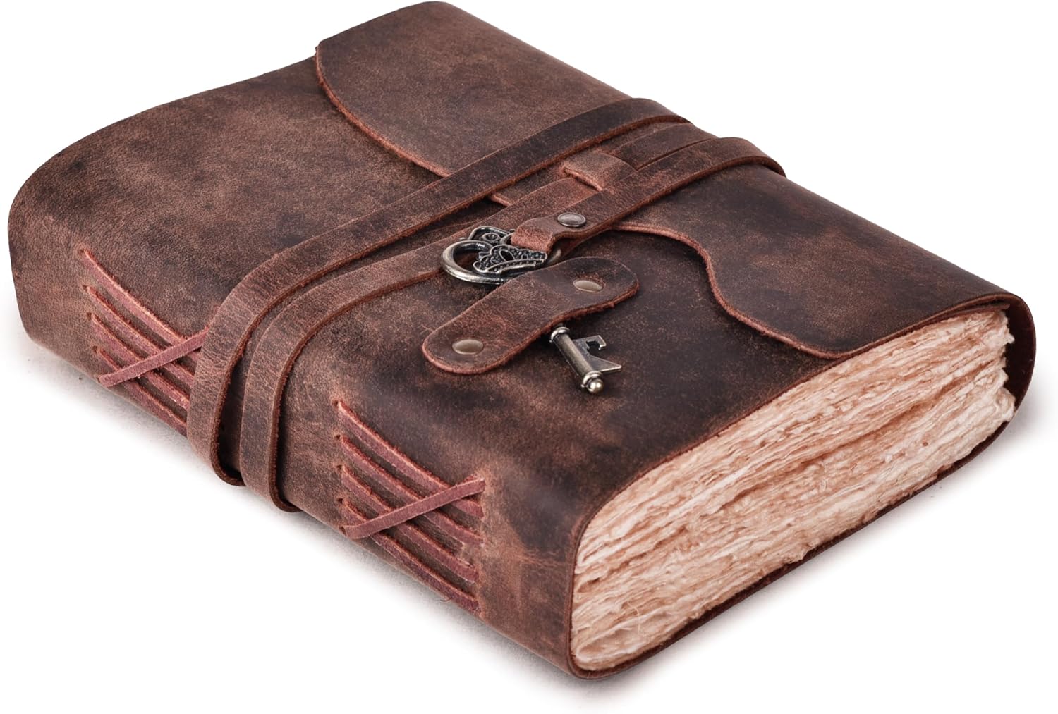 Vintage Leather Journal – 200 Handmade Vintage Watercolor Deckle Edge Paper – Leather bound Journal For Women Men – Key Lock Closure - Book of Shadows - 13X8 inches - Fuchsia