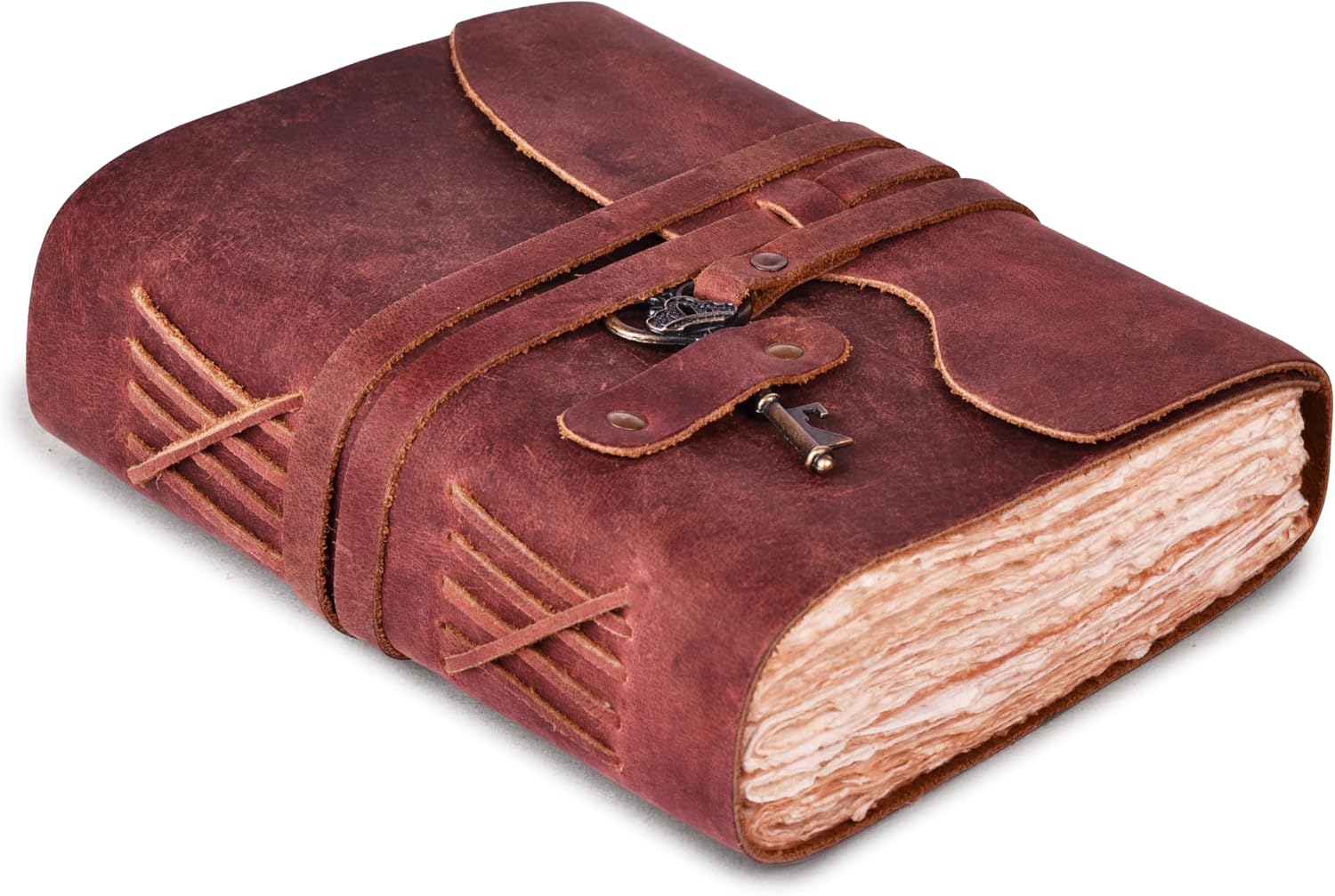 Vintage Leather Journal – 200 Handmade Vintage Watercolor Deckle Edge Paper – Leather bound Journal For Women Men – Key Lock Closure - Book of Shadows - Red Brown - 13X8 inches