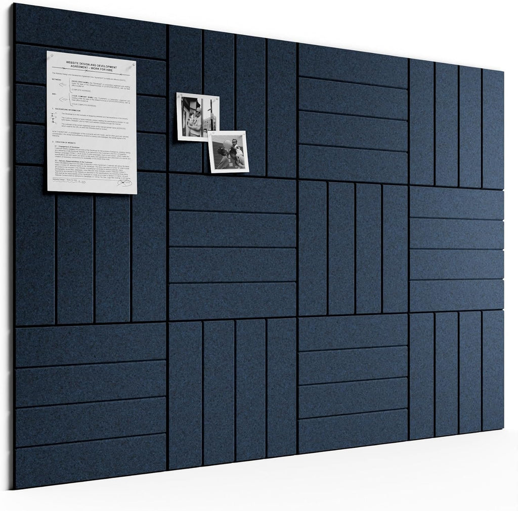 Large Felt Bulletin Board, 48" x 36" Cork Board Alternative, 12-Pack Bold Stripe Felt Wall Tiles with 30 Push Pins and 70 Adhesive Tabs, Ideal for Office, Home & Classroom, Carbon Blue