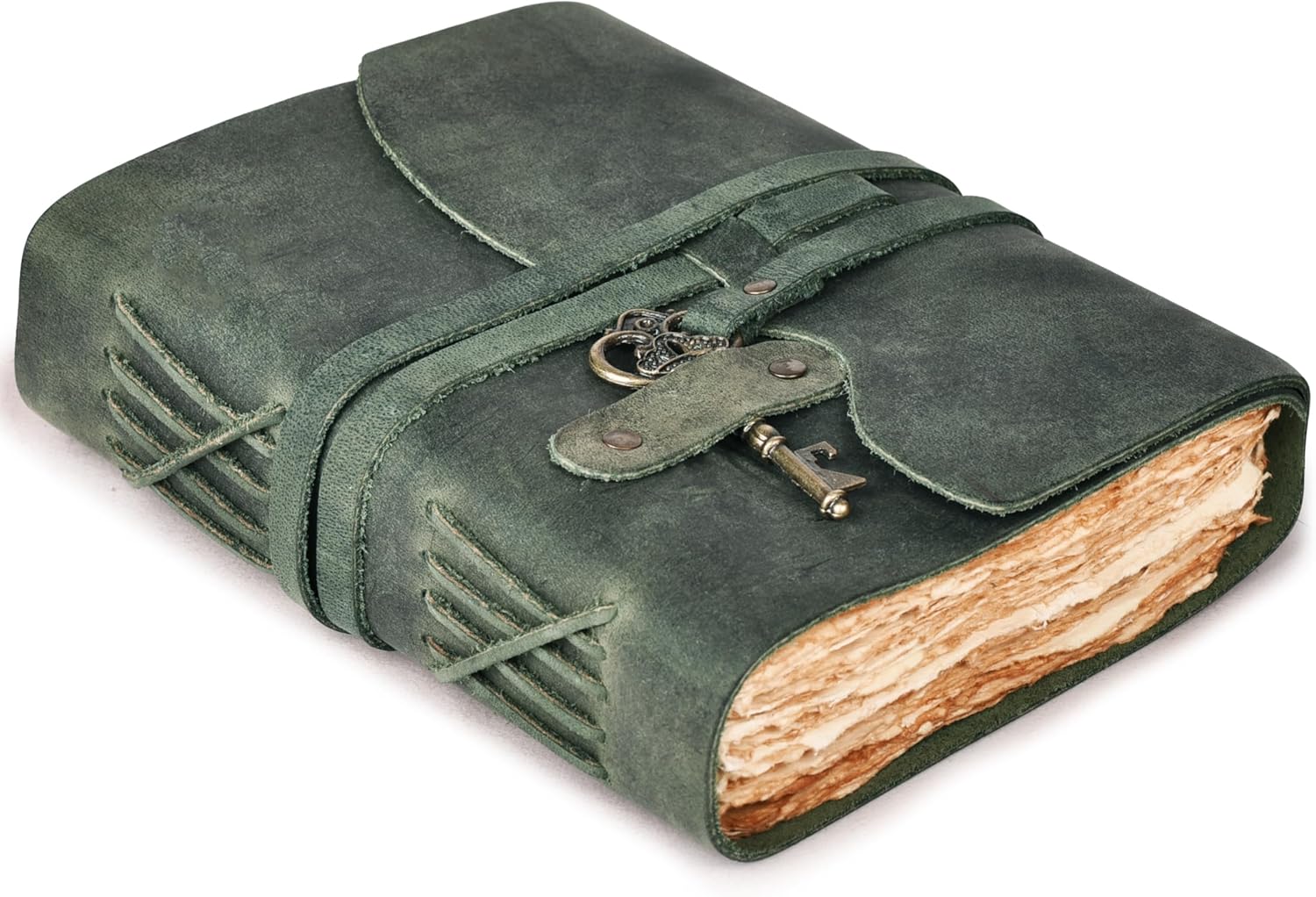 Vintage Leather Journal – 200 Handmade Vintage Watercolor Deckle Edge Paper – Leather bound Journal For Women Men – Key Lock Closure - Book of Shadows - Aqua - 13X8 inches