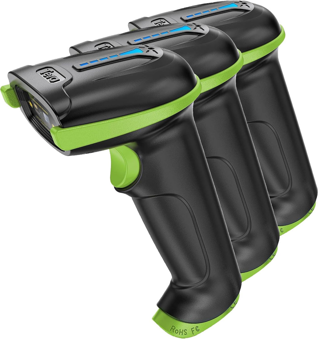 Barcode Scanner Wireless Versatile 2-in-1 (2.4Ghz Wireless+USB 2.0 Wired) with Battery Level Indicator 328 Feet Transmission Distance Rechargeable 1D Laser Bar Code Reader USB Handheld (Green)
