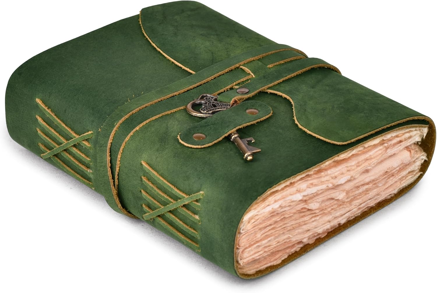 Vintage Leather Journal – 200 Handmade Vintage Watercolor Deckle Edge Paper – Leather bound Journal For Women Men – Key Lock Closure - Book of Shadows - Green - 13X8 inches
