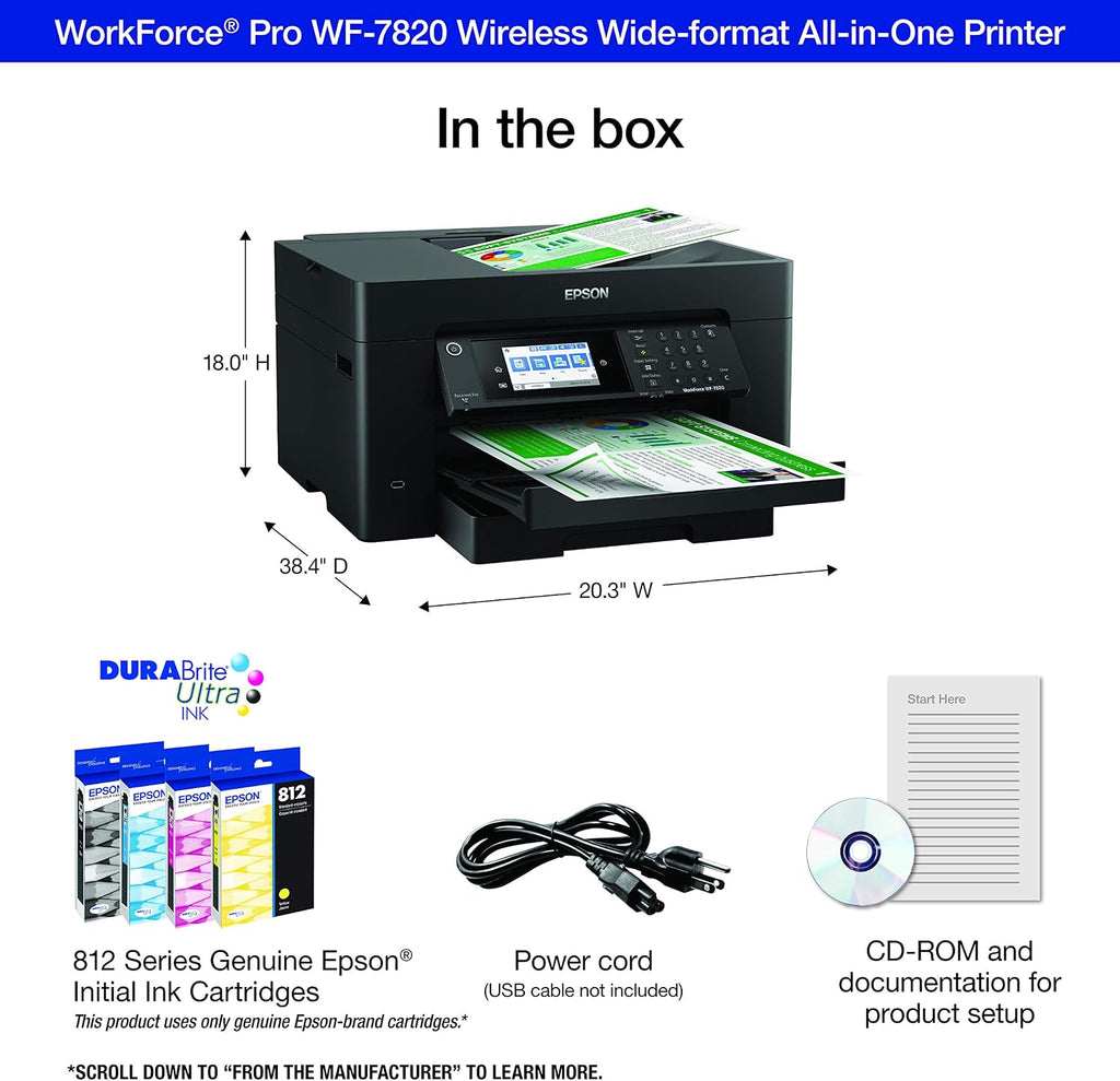 Workforce Pro WF-7820 Wireless All-in-One Wide-Format Printer, Auto 2-Sided Print 13" x 19" Copy, Scan & Fax, 50-Page ADF, 250-sheet Paper Capacity, Works with Alexa - Black
