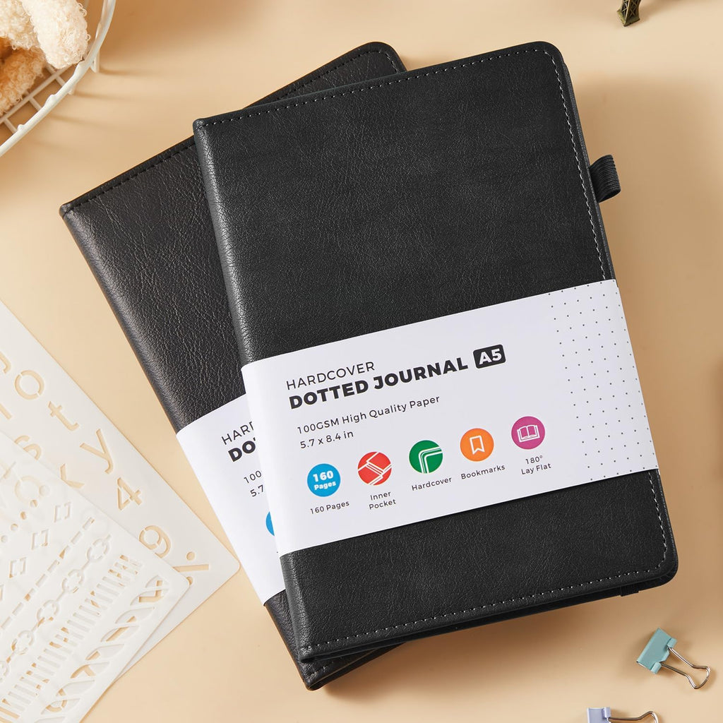 2 Pack Bullet Dotted Journal Notebook, A5 Dot Grid Notebook Journaling Supplies for Women/Men Work Writing, 100GSM Thick Paper, No Bleed, Inner Pocket, Black Leather Hardcover, 5.7" x 8.4"