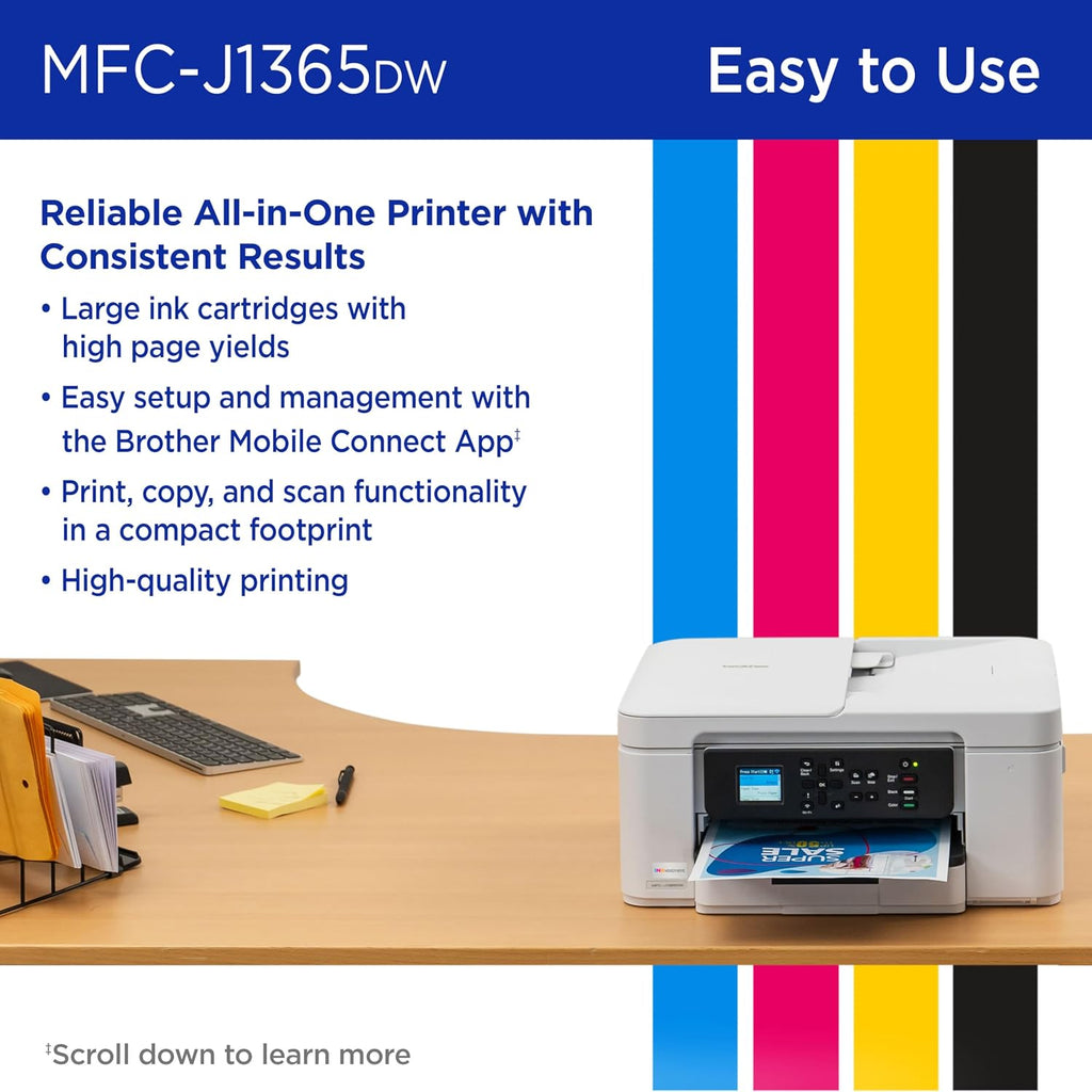 INKvestment 1365 Wireless Color Inkjet All-in-One Printer with Automatic Duplex Printing and 1.8” Color Display | Includes Refresh Subscription Trial(1) (MFC-J1365DW) | Wireless Inkvestment Aio, Auto Duplex, 1.8 Color Display, 150-Sheet Tray, 20-Page Adf,