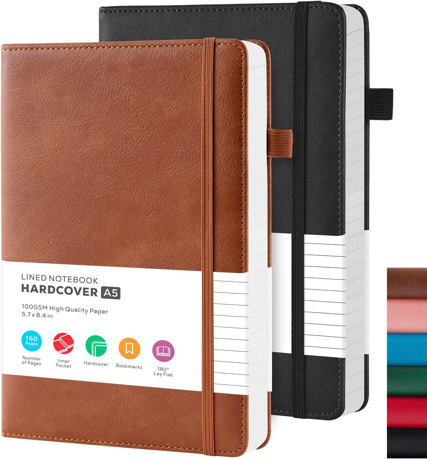 2 Pack Journal Notebook, Hardcover A5 Diary Journal for Women/Men Work, Leather Notebooks for School Supplies, 100GSM Lined Paper, No Bleed, Inner Pocket, Brown Black