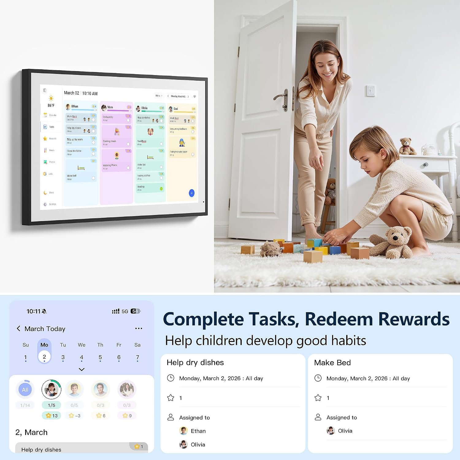 Digital Calendar, 15.6 Inch Wall Planner Electronic Calendar & Chore Chart, Smart Touchscreen Interactive Display for Family Schedules, Great for Organizing Your Routines, Wall & Desk Mountable, Gifts for Women Men, Gifts for Mom Dad