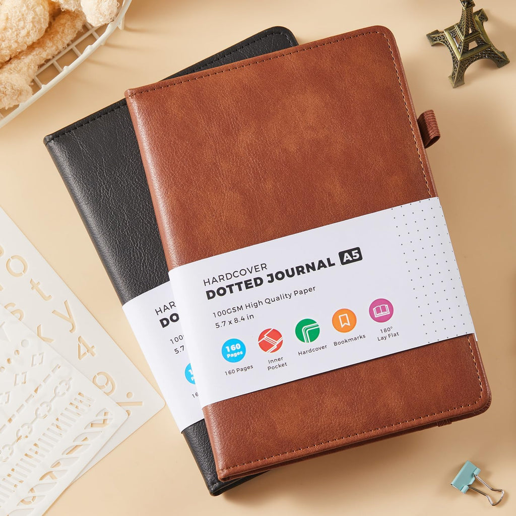 2 Pack Bullet Dotted Journal Notebook, Hardcover Leather A5 Diary Journaling Supplies for Women/ Men Work Writing, 100GSM Thick Paper, Inner Pocket, Brown Black, Office School Supplies, 5.7" x 8.4"