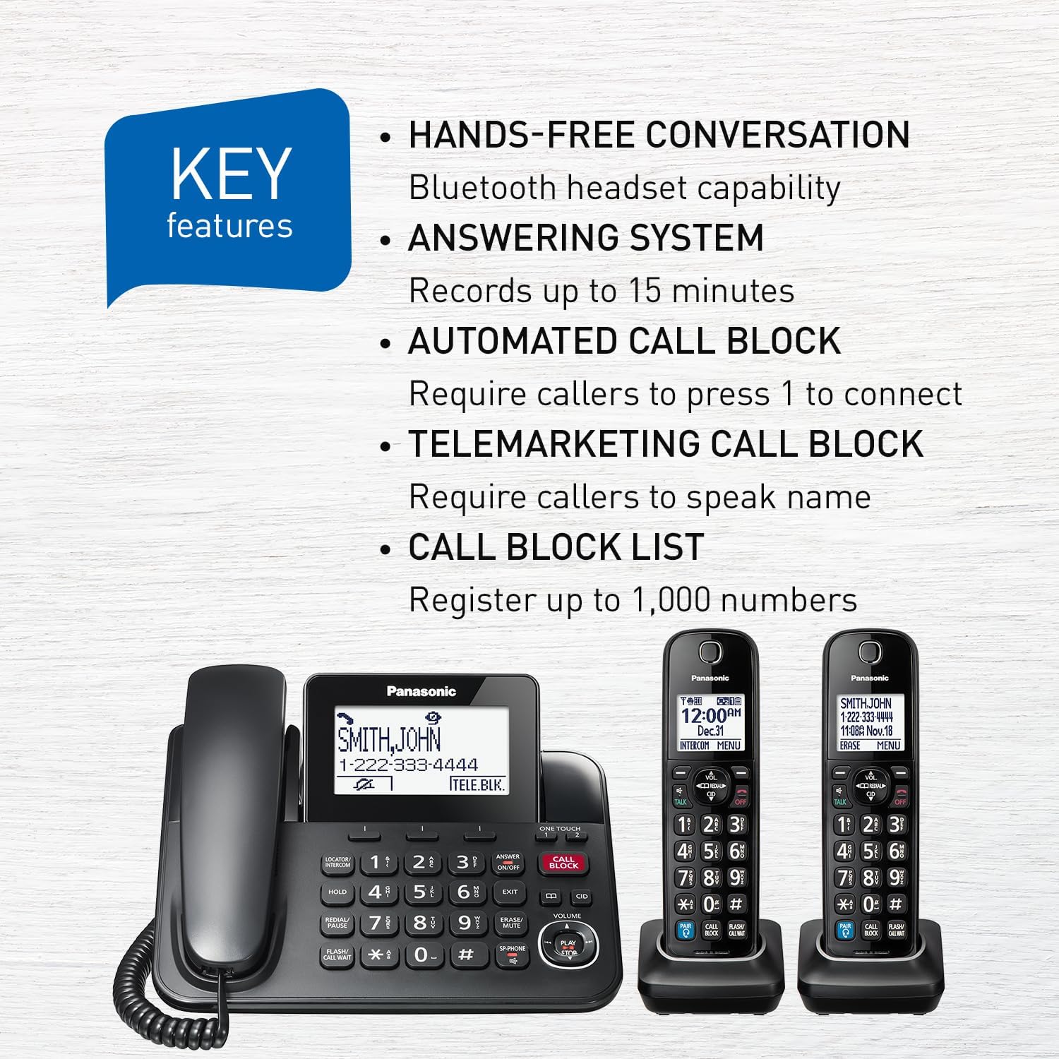 Expandable Corded Phone System, Bluetooth Pairing for Wireless Headphones and Hearing Aids, Smart Call Block, Bilingual Talking Caller ID, 2 Handsets - KXTGF892B (Black)