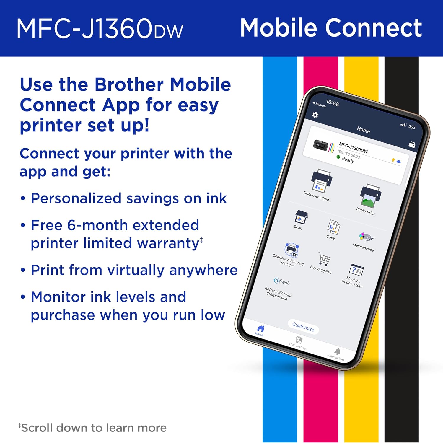 Work Smart 1360 Wireless Color Inkjet All-in-One Printer with Automatic Duplex Printing and 1.8” Color Display | Includes Refresh Subscription Trial(1) (MFC-J1360DW) (Uses LC501 Series Inks)