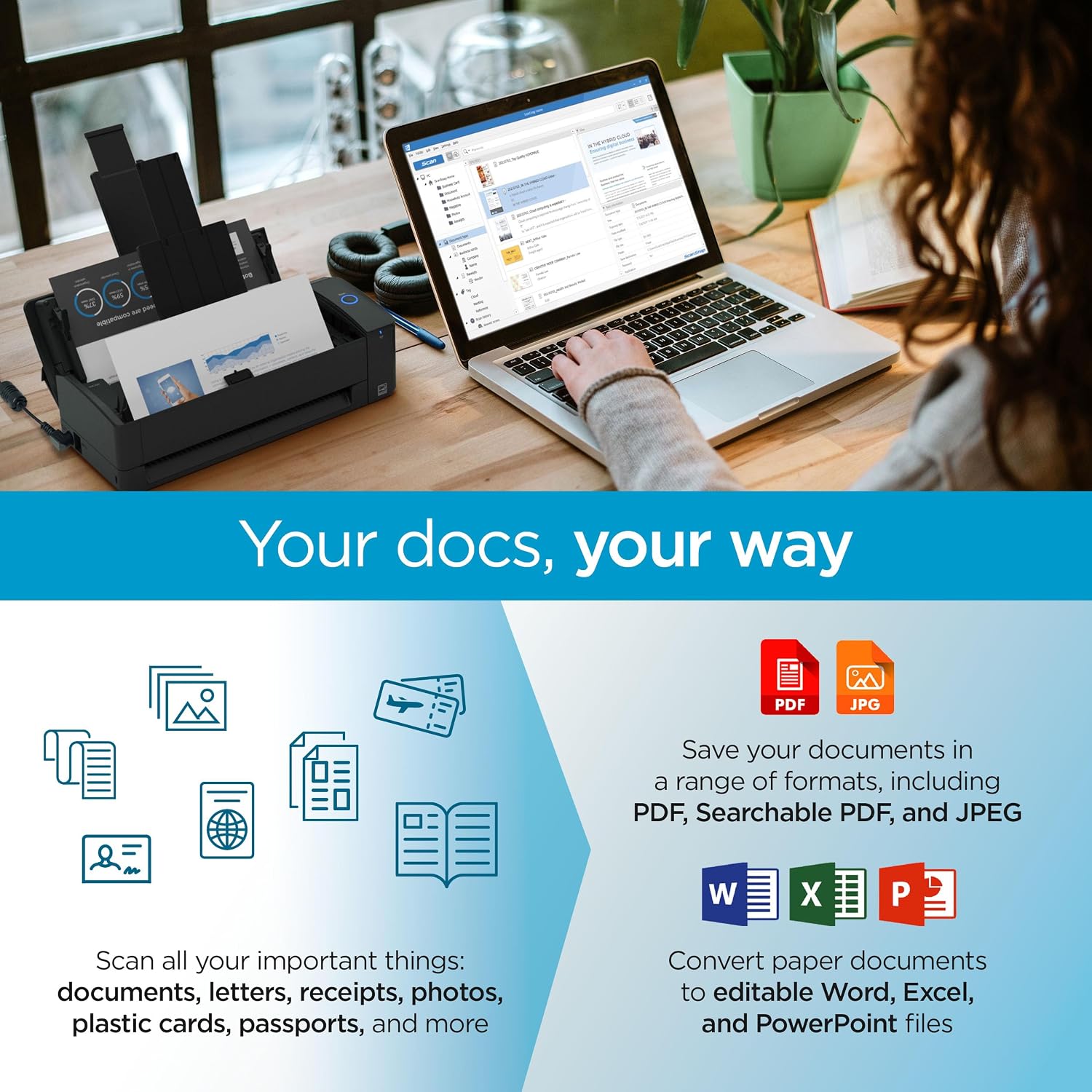 iX1300 Compact Wireless or USB Double-Sided Colour Document, Photo & Receipt Scanner with Auto Document Feeder and Manual Feeder for Mac or PC, Black