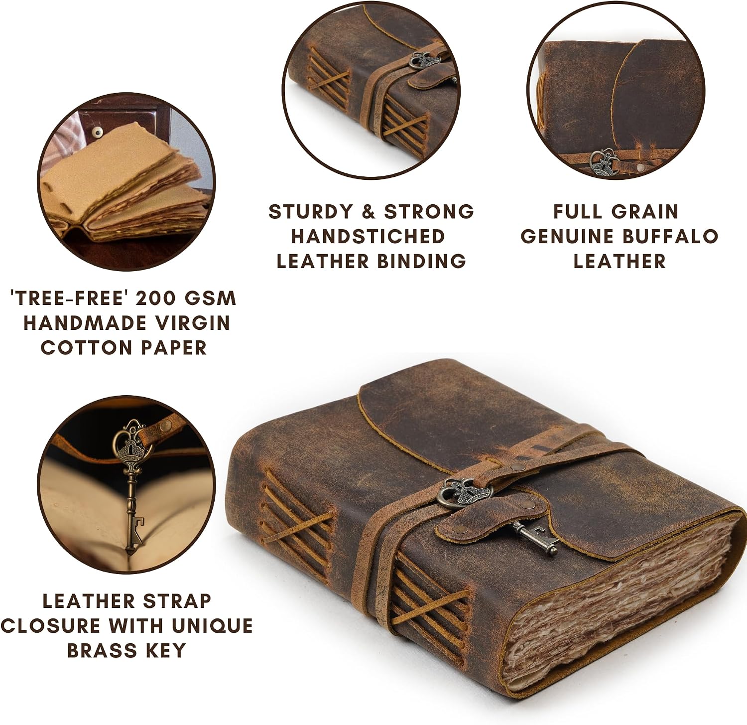Vintage Leather Journal – 200 Handmade Vintage Watercolor Deckle Edge Paper – Leather bound Journal For Women Men – Key Lock Closure - Book of Shadows - Cappuccino Brown - 13X8 inches