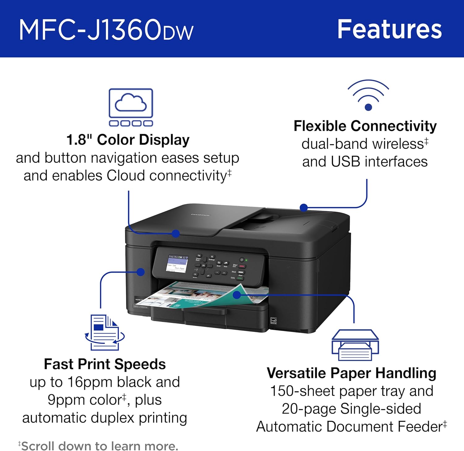 Work Smart 1360 Wireless Color Inkjet All-in-One Printer with Automatic Duplex Printing and 1.8” Color Display | Includes Refresh Subscription Trial(1) (MFC-J1360DW) (Uses LC501 Series Inks)