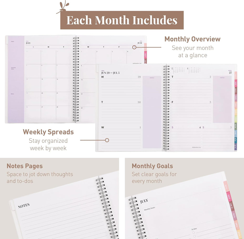 Rileys Academic Planner 2026-2027, Daily, Weekly & Monthly Planner, July 2026 - June 2027, Student Notes Pages, Twin-Wire Binding Weekly Agenda for School & Work (21.6 x 28 cm, Lilac)