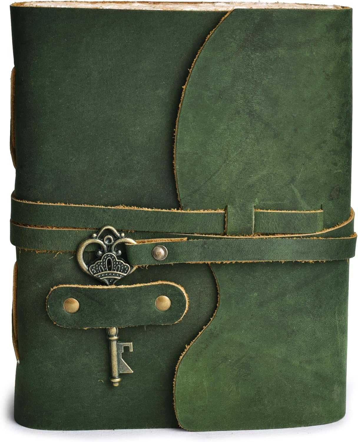 Vintage Leather Journal – 200 Handmade Vintage Watercolor Deckle Edge Paper – Leather bound Journal For Women Men – Key Lock Closure - Book of Shadows - Green - 13X8 inches