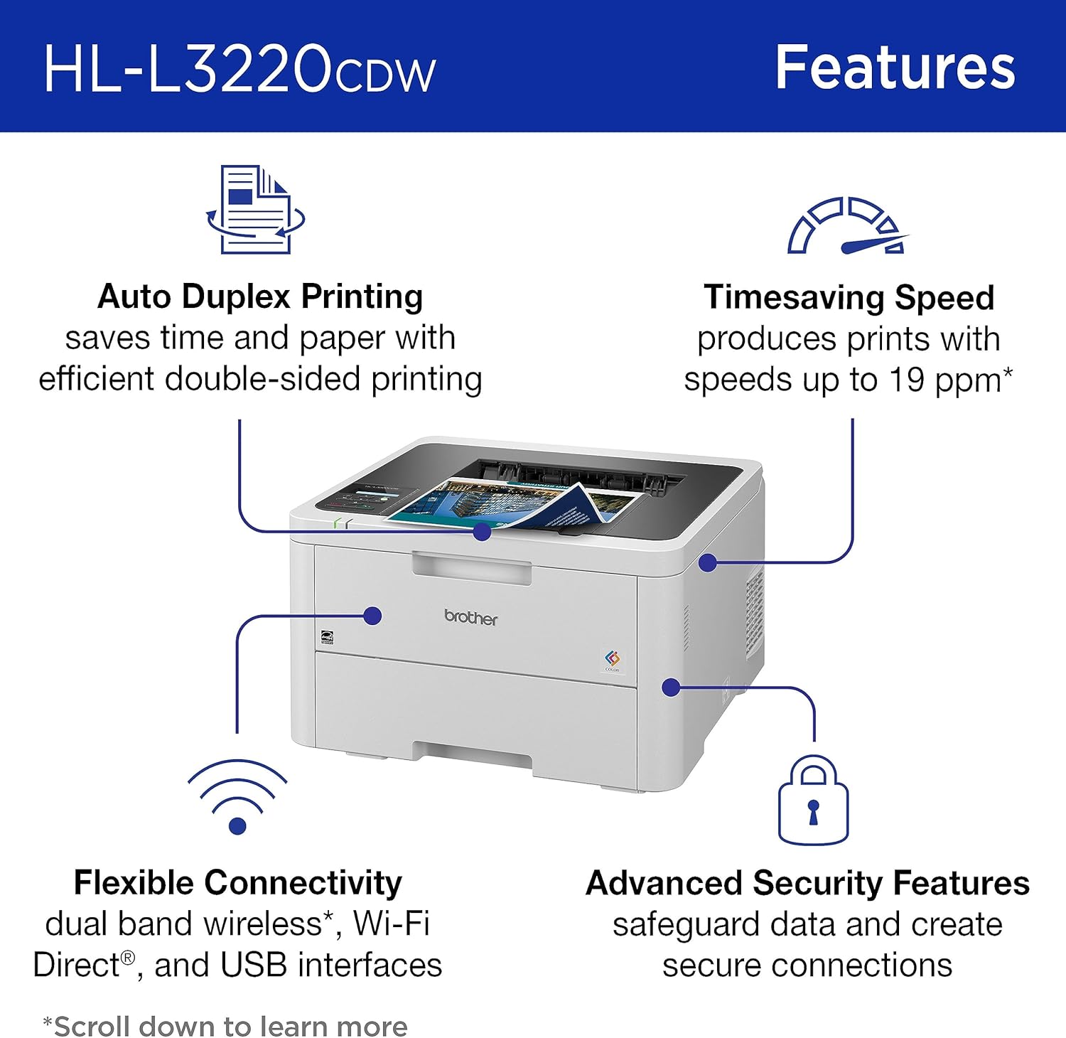Color Laser Printer with Wireless Printing Fast 19 PPM Output, Duplex Feature, Mobile Device Compatible, 250-Sheet Paper Tray for Professional Home Office Printing (HL-L3220CDW)