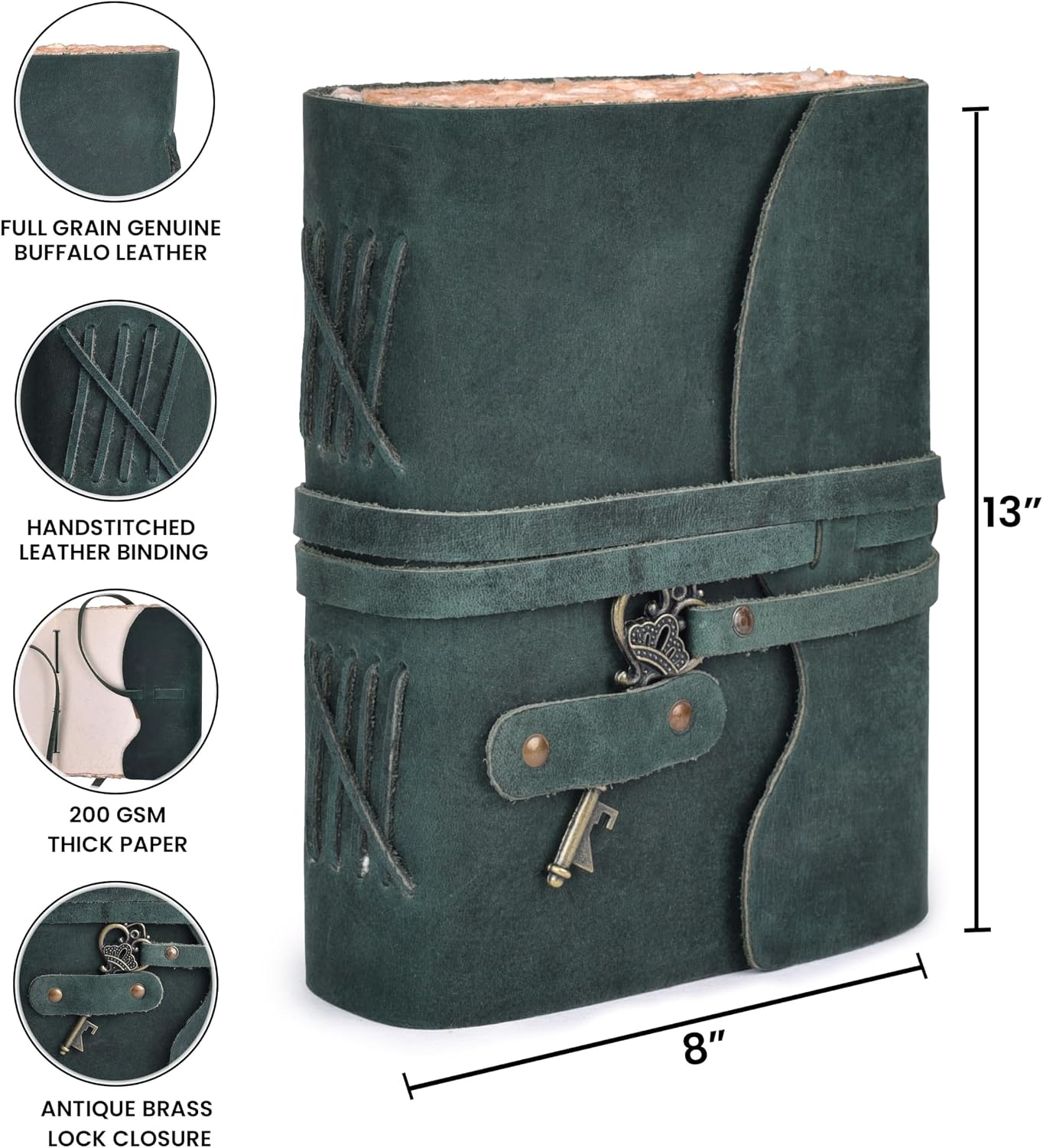 Vintage Leather Journal – 200 Handmade Vintage Watercolor Deckle Edge Paper – Leather bound Journal For Women Men – Key Lock Closure - Book of Shadows - Turquoise - 13X8 inches