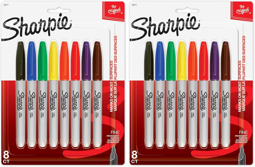 Permanent Markers, Fine Point, Assorted Colours, 8 Count (Pack of 2)