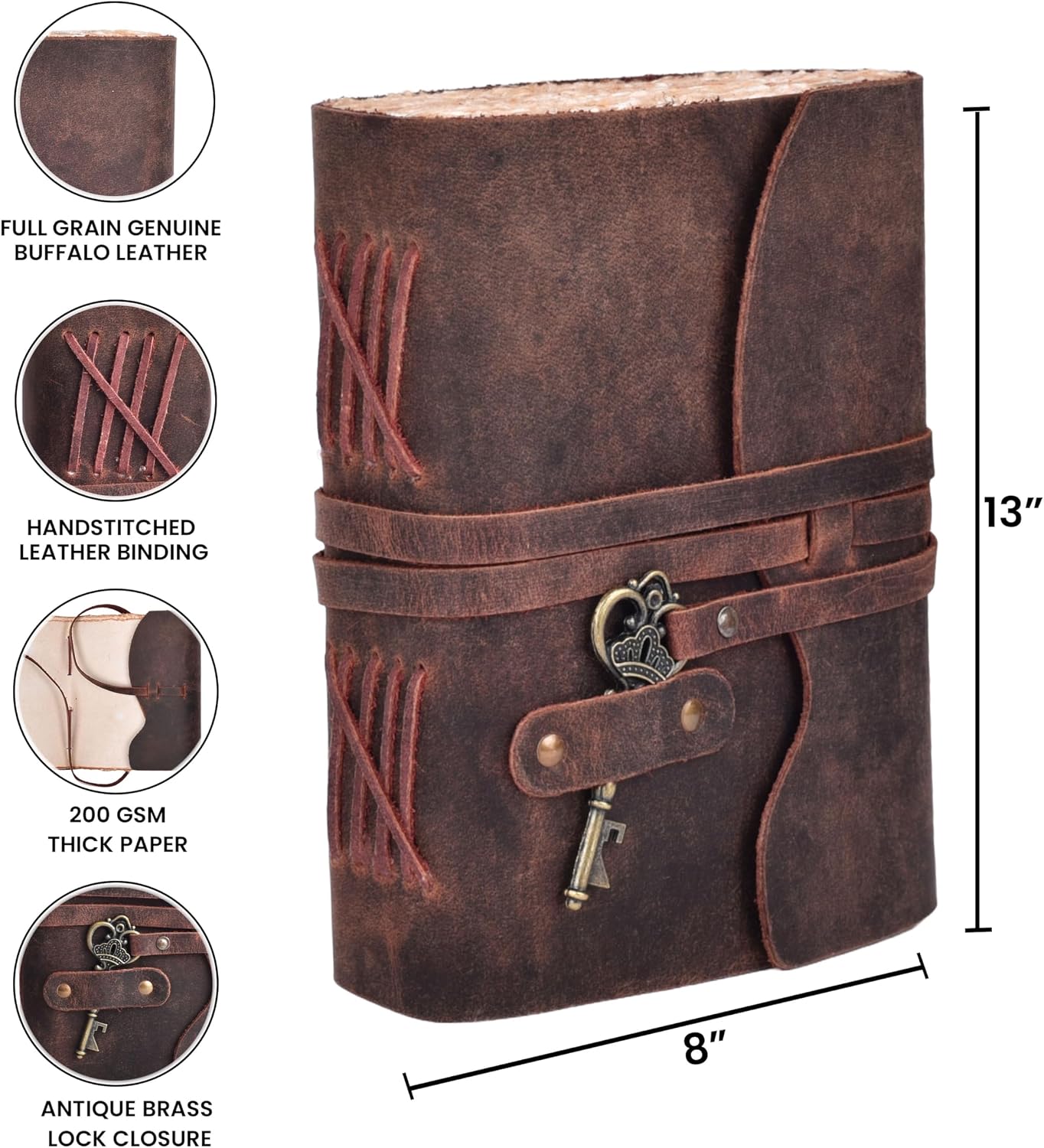 Vintage Leather Journal – 200 Handmade Vintage Watercolor Deckle Edge Paper – Leather bound Journal For Women Men – Key Lock Closure - Book of Shadows - 13X8 inches - Fuchsia