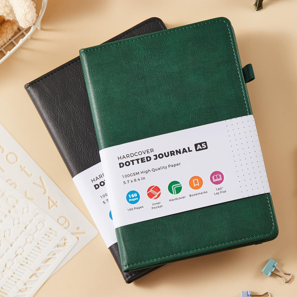 2 Pack Bullet Dotted Journal Notebook, Hardcover Leather A5 Dot Grid Notebook Journaling Supplies for Women/ Men Work Writing, 100GSM Thick Paper, No Bleed, Inner Pocket, Green Black, 5.7" x 8.4"