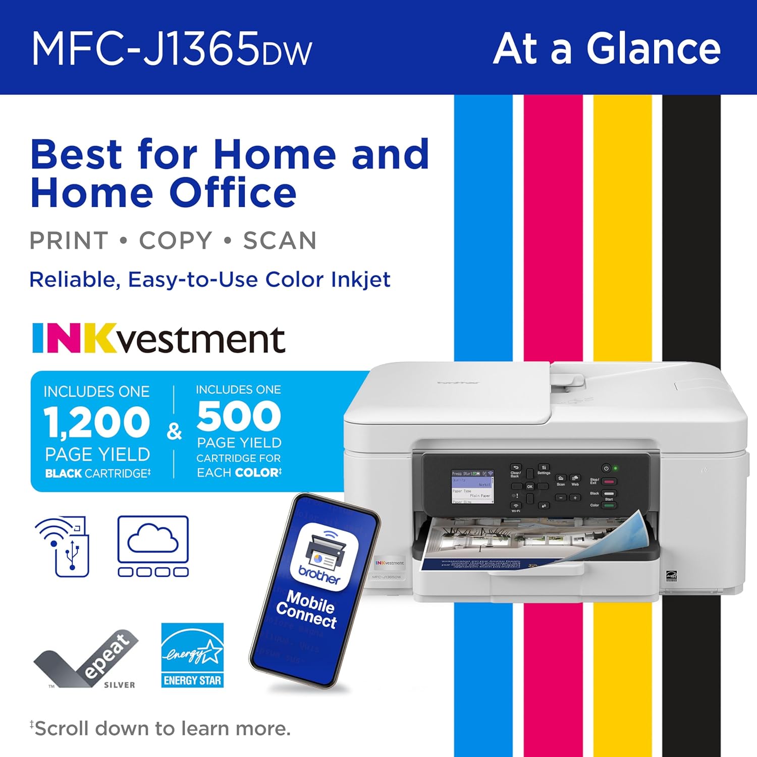 INKvestment 1365 Wireless Color Inkjet All-in-One Printer with Automatic Duplex Printing and 1.8” Color Display | Includes Refresh Subscription Trial(1) (MFC-J1365DW) | Wireless Inkvestment Aio, Auto Duplex, 1.8 Color Display, 150-Sheet Tray, 20-Page Adf,