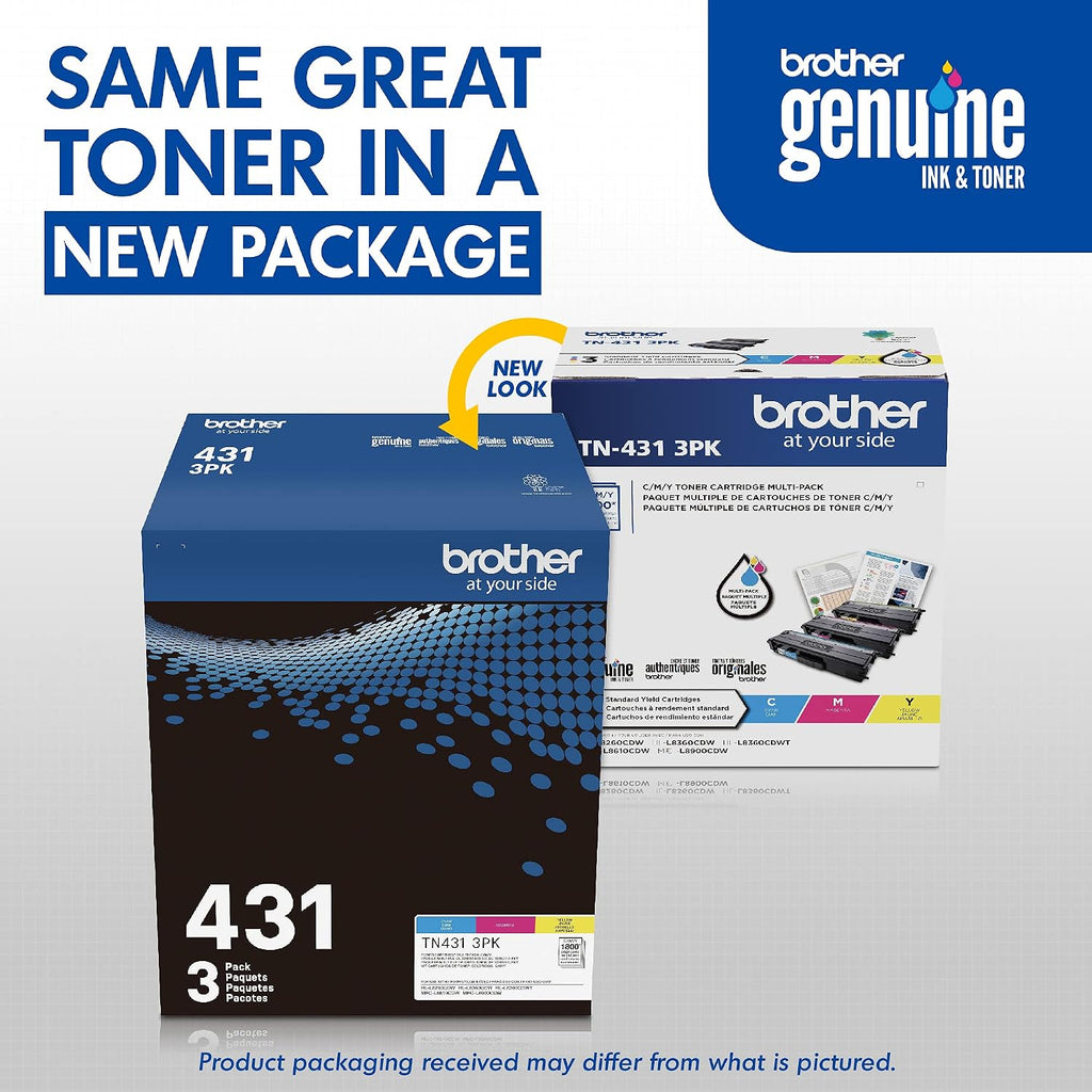 Original TN431 3PK Standard Yield Colour Toner Cartridge Value Pack (3), Toner Replacement cartridges, Cyan/Magenta/Yellow, for Laser Printers HL-L8360CDW, MFC-L8610CDW, and More