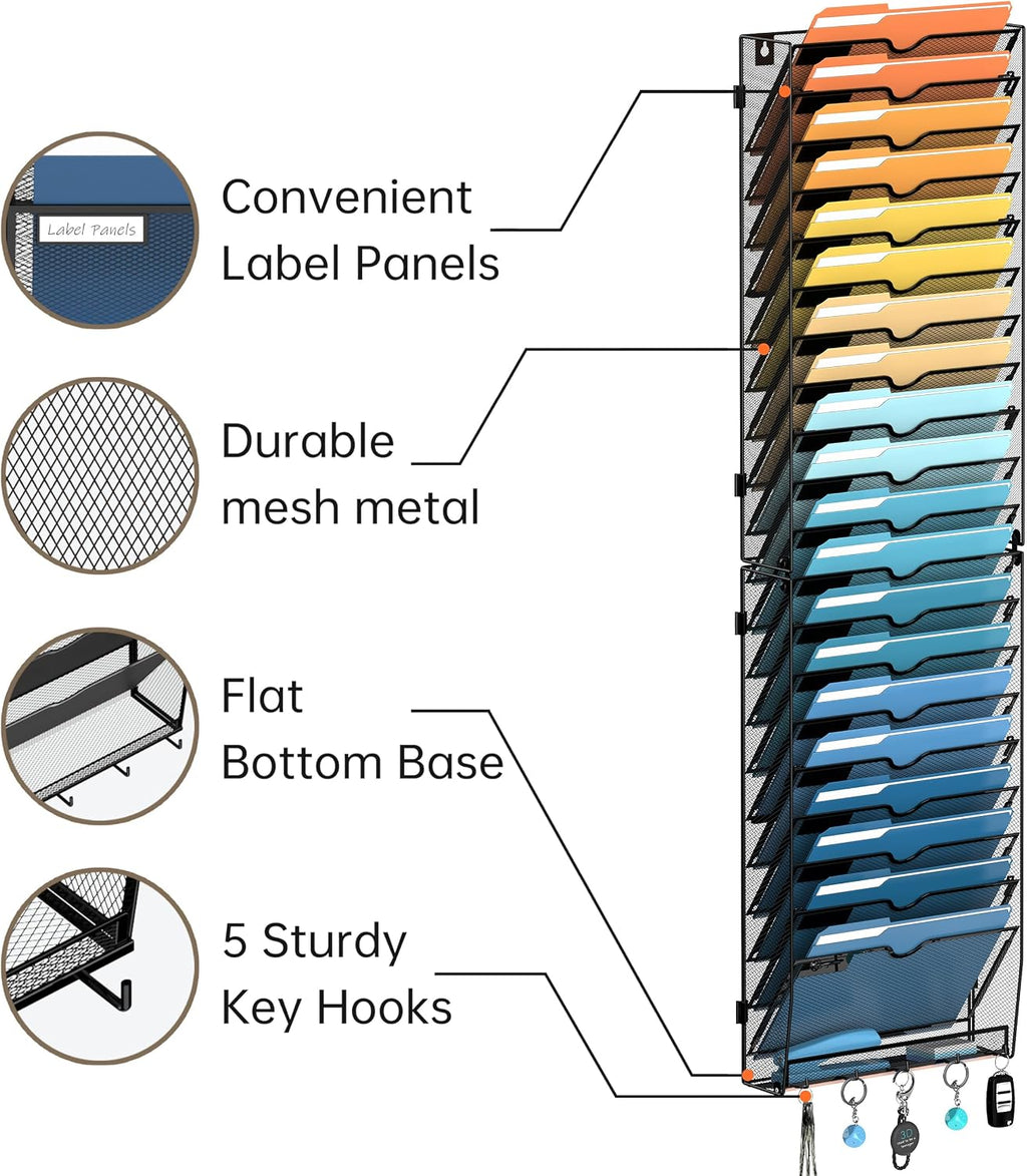 21-Tier Wall File Holder Organizer with Hooks, Mesh Hanging File Organizer, Mail Organizer Wall Mounted for Papers, Folders, Office Magazine Rack, Assembly Needed, Black
