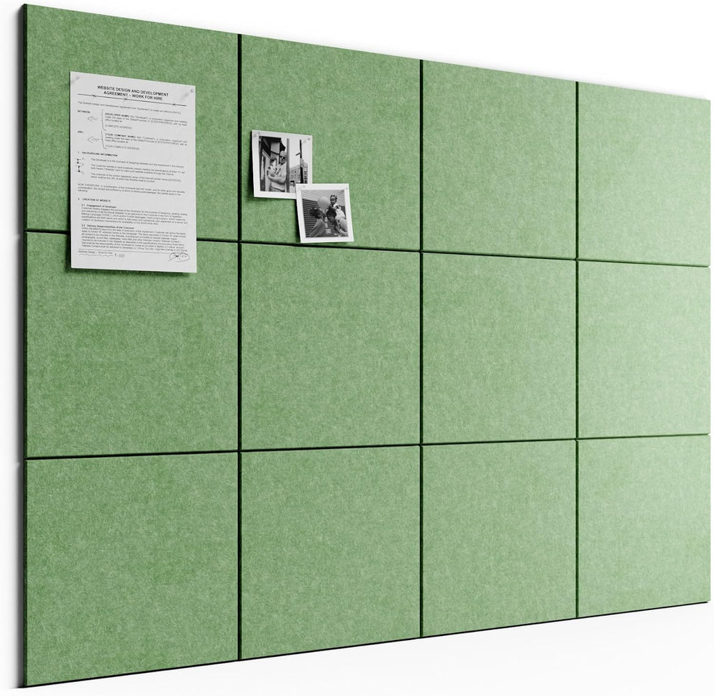 Large Felt Bulletin Board, 48" x 36" Cork Board Alternative, 12-Pack Solid Felt Wall Tiles with 30 Push Pins and 70 Adhesive Tabs, Ideal for Office, Home & Classroom, Moss Green