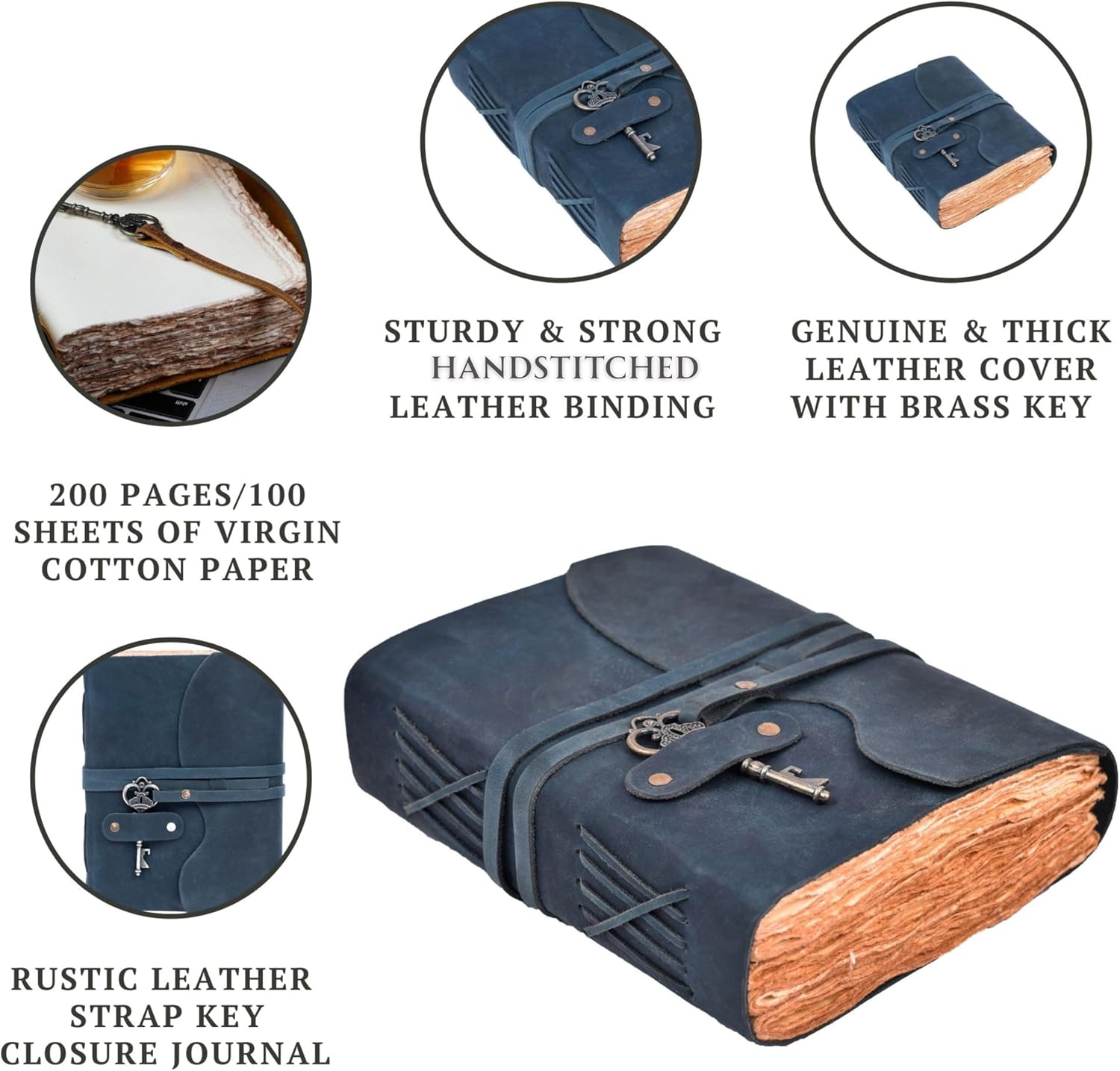 Vintage Leather Journal – 200 Handmade Watercolor Vintage Deckle Edge Paper – Leather bound Journal For Women Men – Key Lock Closure - Book of Shadows - Blue - 13X8 inches