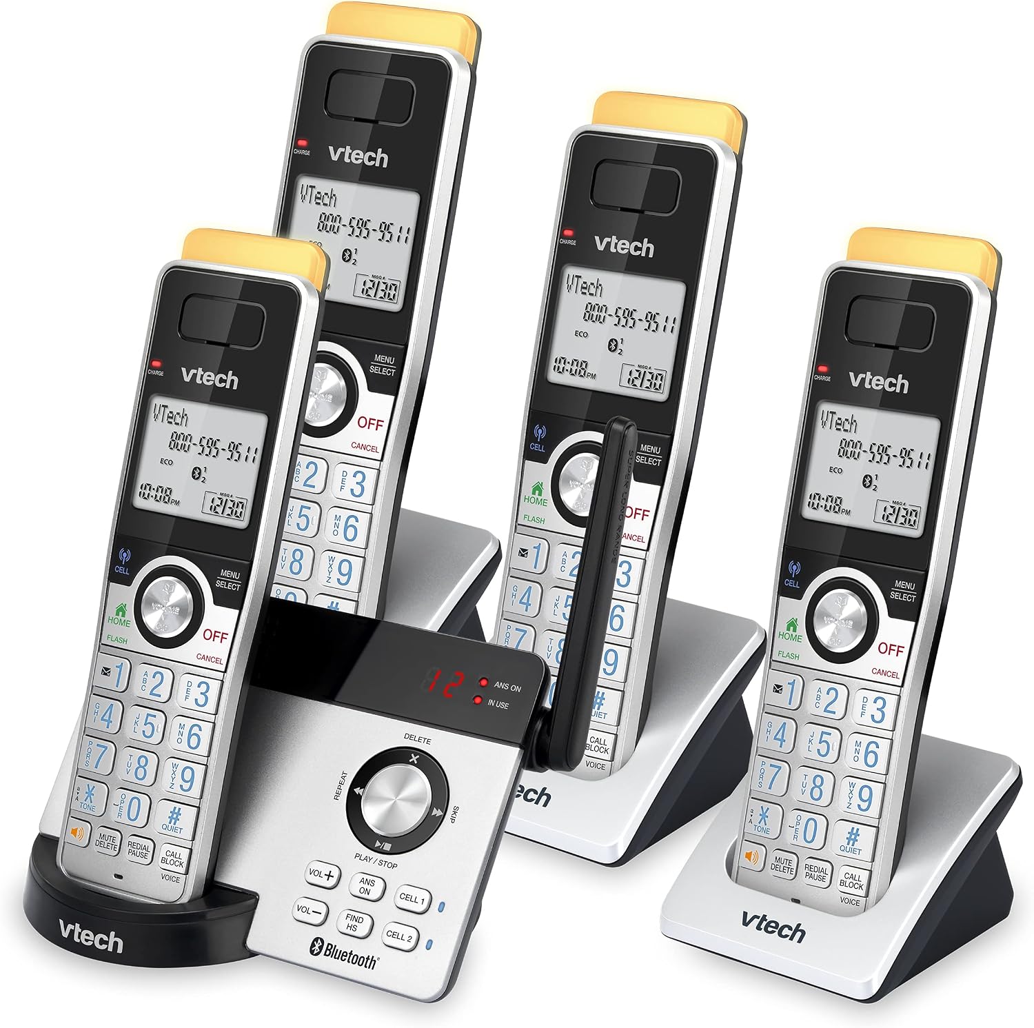 4-Handset Expandable Cordless Phone with Super Long Range, Bluetooth Connect to Cell, Smart Call Blocker and Answering System, IS8121-4 (Silver/Black)